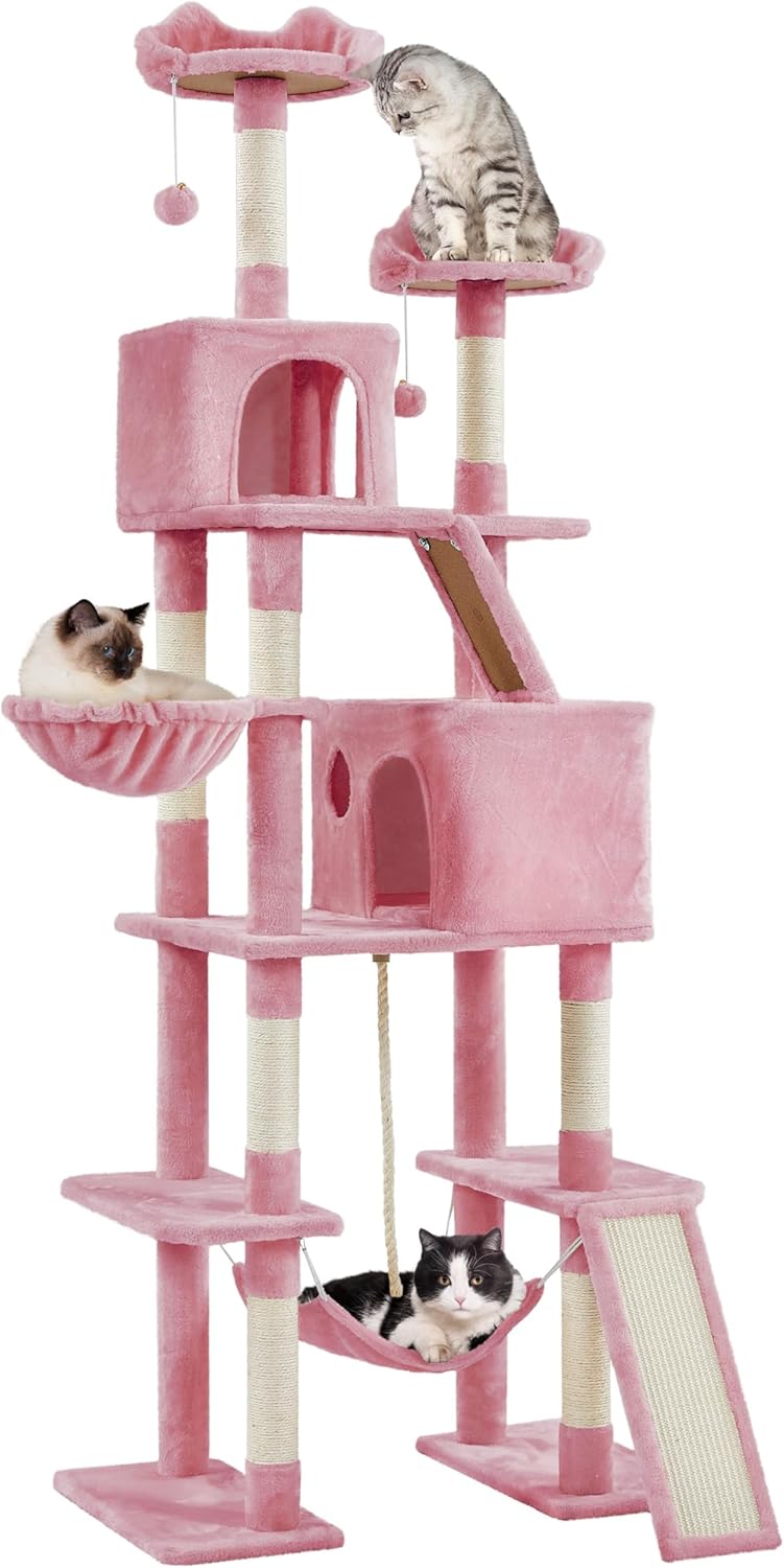 Yaheetech Cat Tree, 82.5in Super Tall Tower w/Cute Top Perches, Scratching Posts, 2-in-1 Ramps, Cozy Basket, Extra Large Condo for Indoor Kittens, Pink