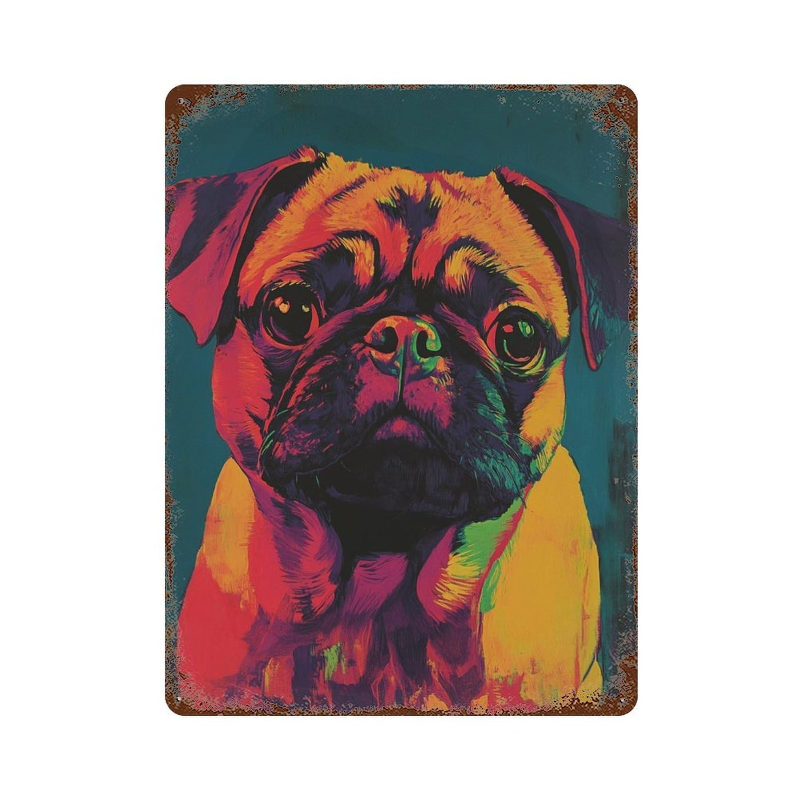 Rust Effect Colorful Pug Art Print Retro Metal Sign 15.7"x11.8", Novelty Wall Decor for Bistro, Counter And Cafe Decor