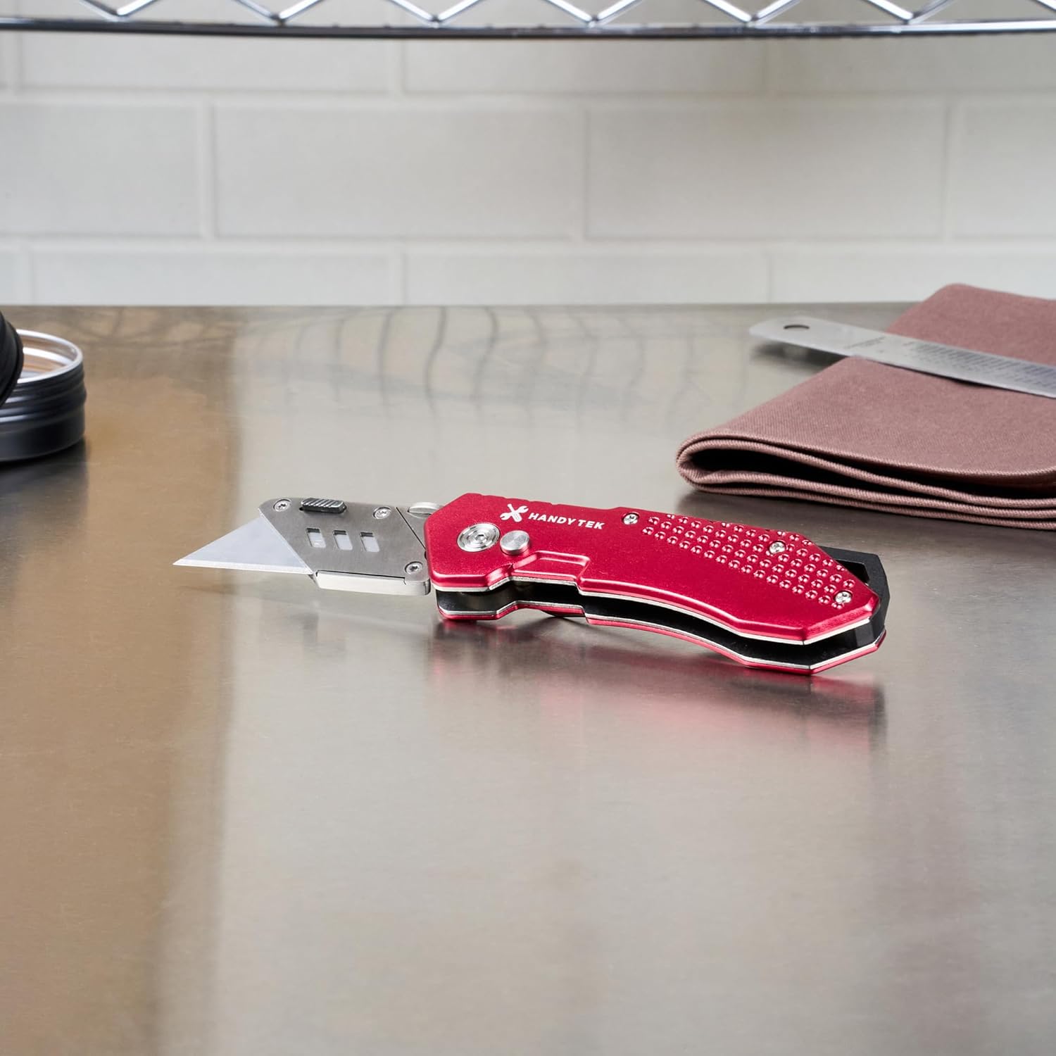 Handy Tek Quick Change Blade Razor Knife, 1 Folding Utility Knife - Includes 1 Sharp Blade, 19 mm Wide, Red Stainless Steel Box Cutter, Lock-Back Design, Heavy-Duty - Restaurantware
