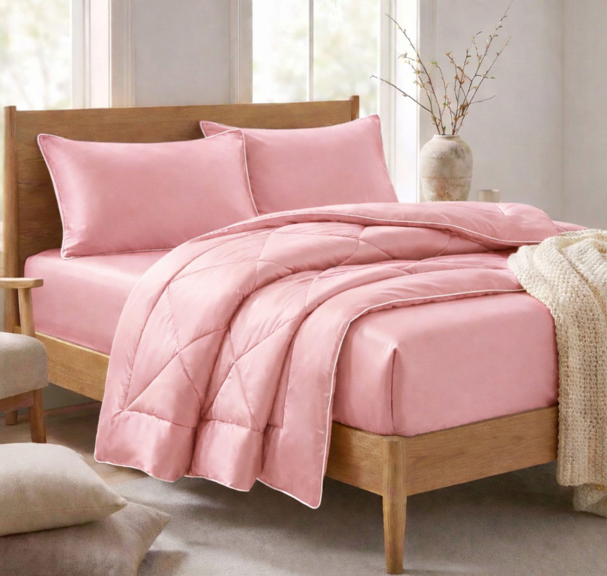 VAS COLLECTIONS 300 TC Satin Silk AC Comforter Set King Size (88x96 Inch) with Fitted Bedsheet (78 x 72 + 10 Inches) & 2 King Pillow Covers | Soft Silky 4-Piece Bedding Set | Pretty Pink | Satin Silk 4 Pc Set-image-11