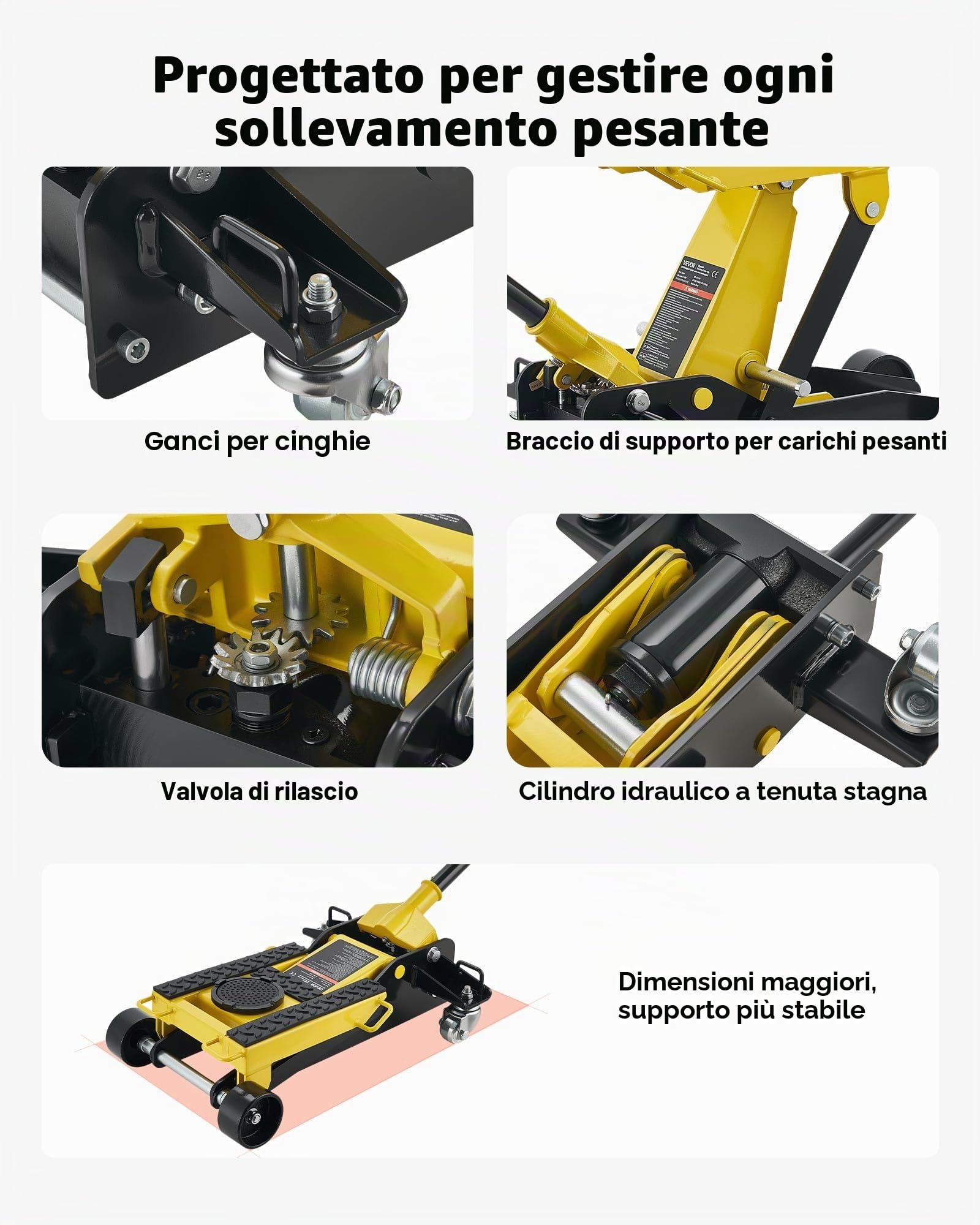 VEVOR Cric Idraulico a Carrello 2 Tonnellate in Acciaio, Cric Idraulico da Pavimento a Basso Profilo, a Pistone Singolo con Ruote, Altezza di Sollevamento 150-435 mm, Multiuso per Auto, Moto, Quad