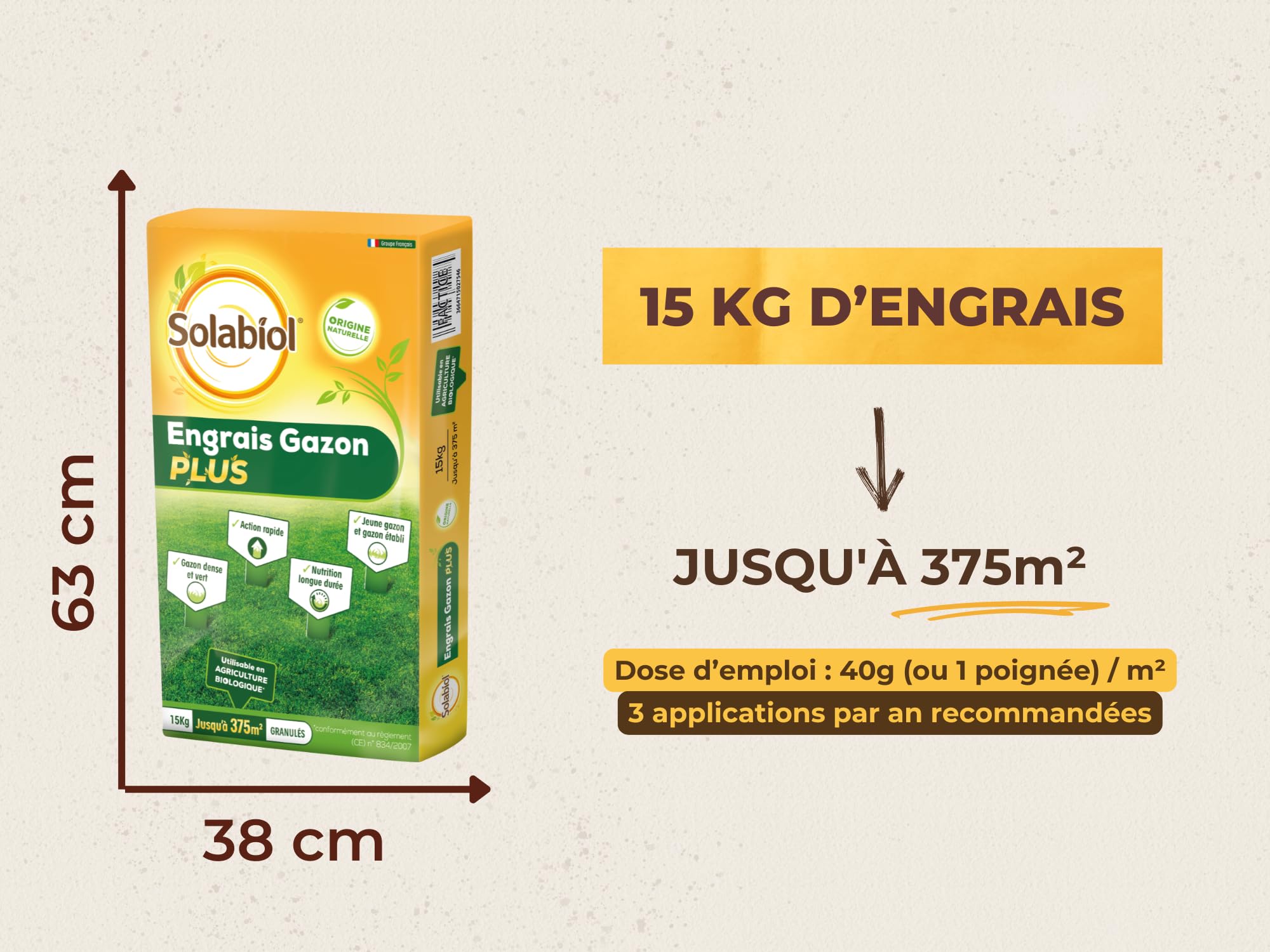 SOLABIOL Engrais Gazon Plus 15 kg Granulés Jusqu'à 375m² Nutrition Longue Durée