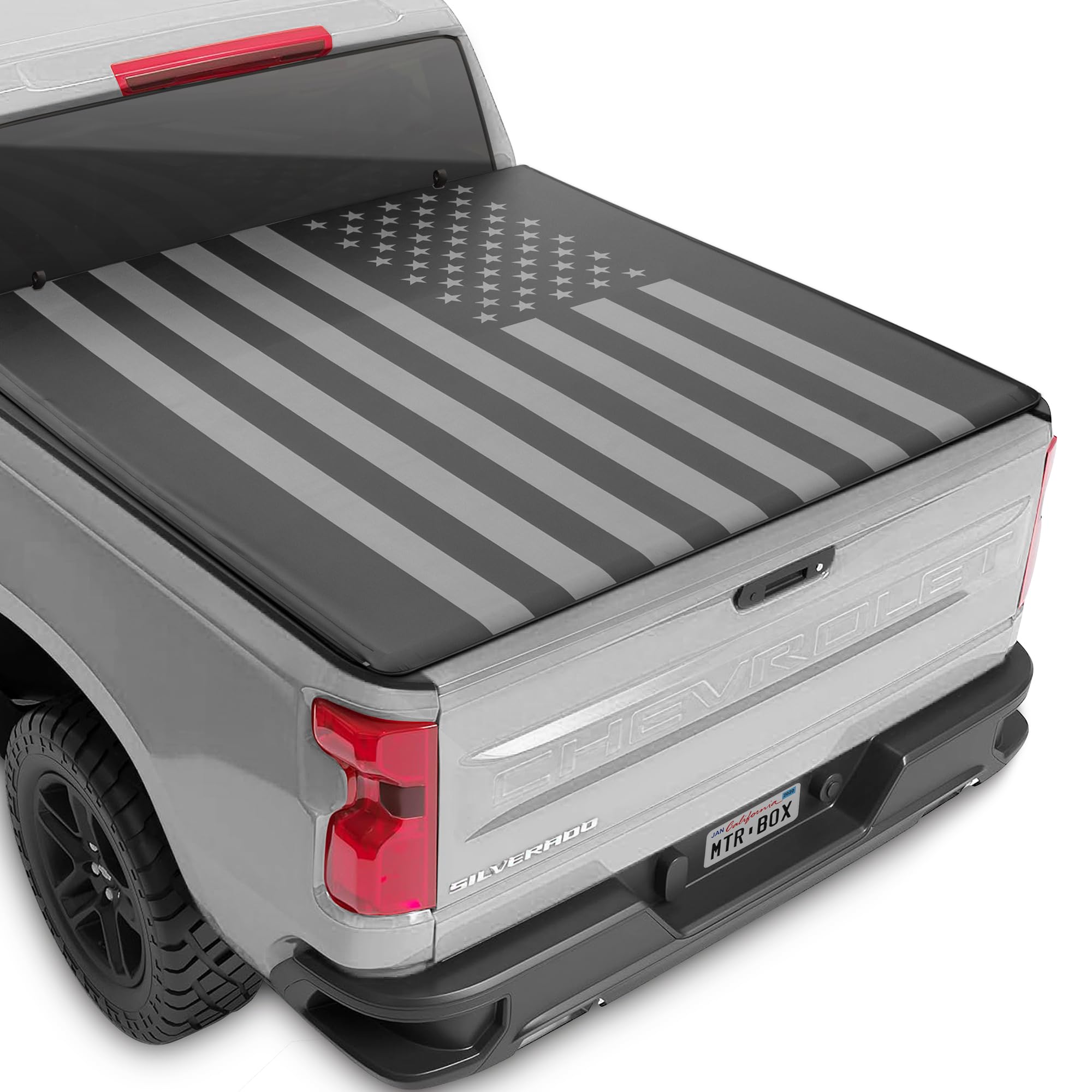 Truck Tonneau Cover for Chevy Silverado 1500 / GMC Sierra 1500 2007-2018 with 5.8 ft Bed Length, All-Weather Soft Roll Truck Bed Cover for Truck Black Flag Print