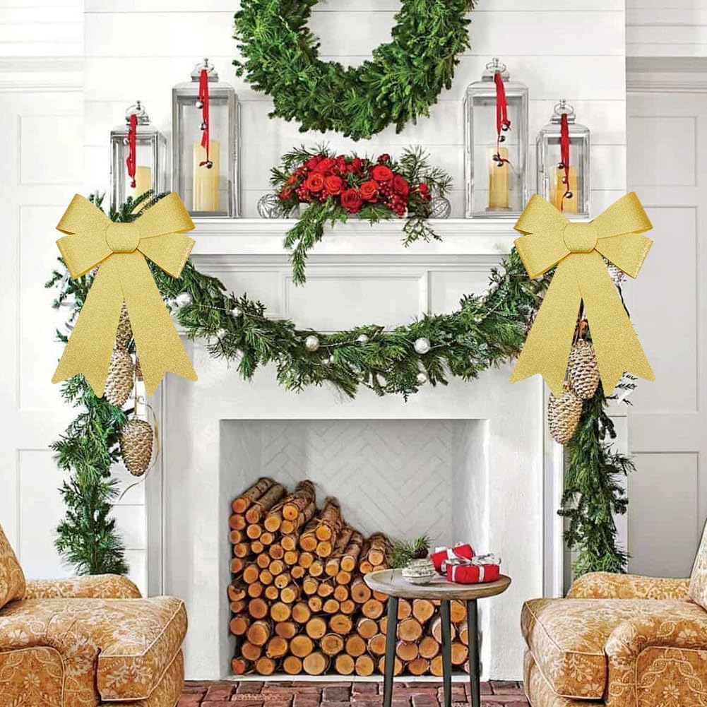 2Pcs Gold Glitter Christmas Bows Wreath Bows Outdoor 18.9 x 13.2 Inch Bowknot Ties Large Big PVC Shine Wrap Ornaments Accessories for Indoor Outdoor Xmas Christmas Wreath Party Gift DIY Decor