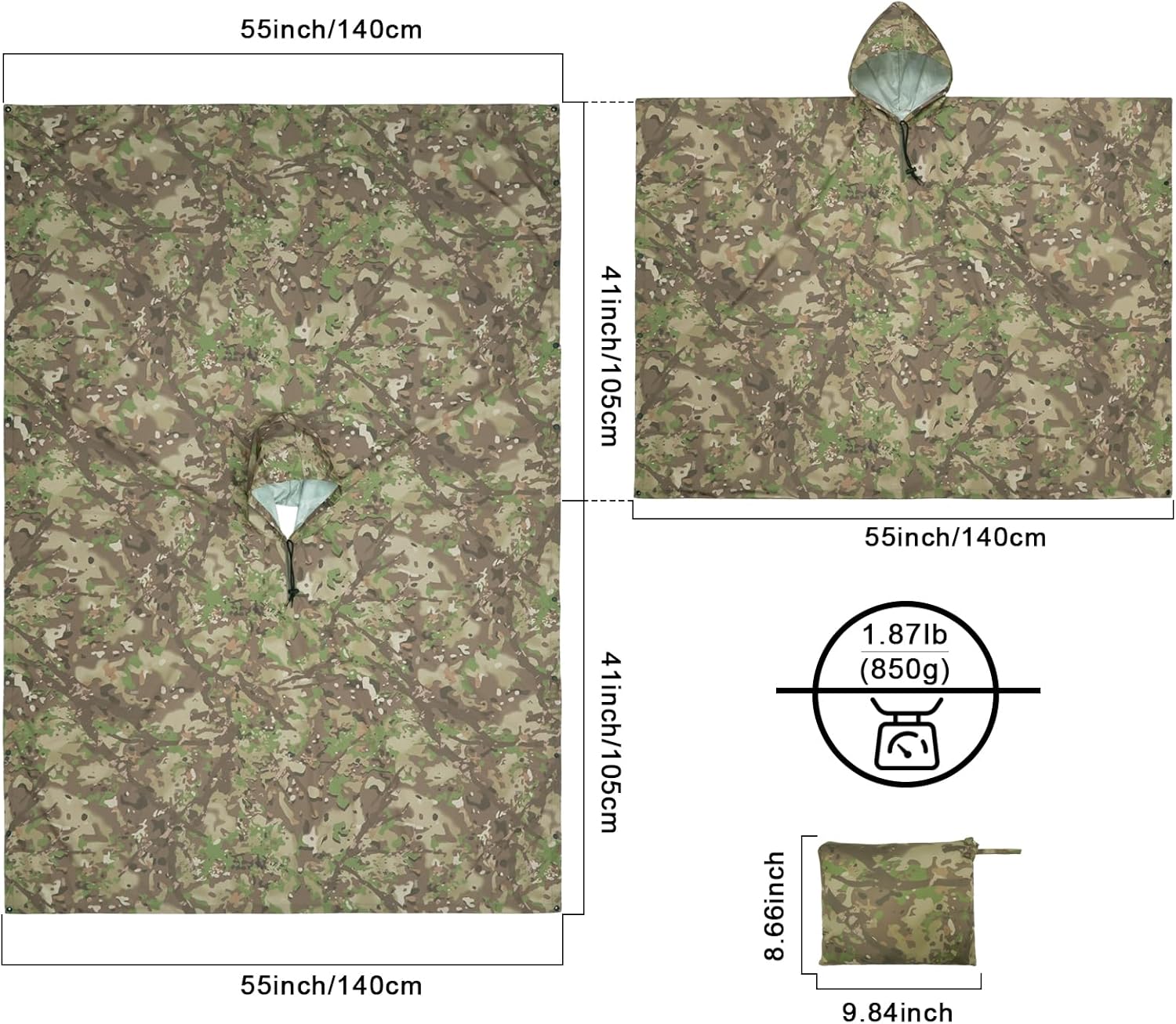 LOOGU Rain Poncho Waterproof Hooded Rain Coat Multi-Use Camo Shelter Ground Sheet for Hunting Camping Hiking - Image 4