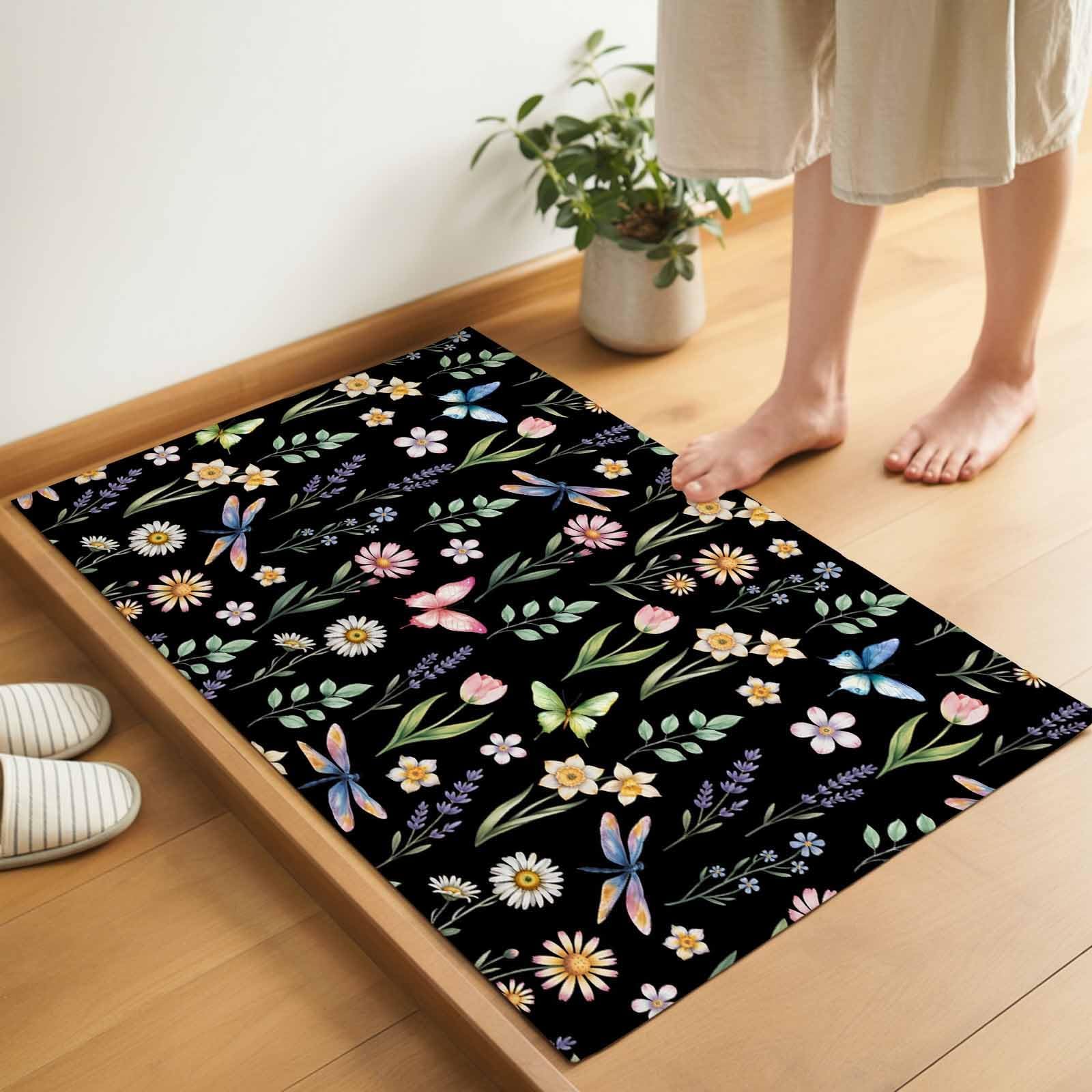 Indoor Door Mat, Rustic Flower Leaf Butterfly Dragonfly Non Slip Doormat Low Profile Welcome Mat, Spring Pastoral Black Soft Entrance Rug for Bedroom Kitchen Bathroom 16"x24"