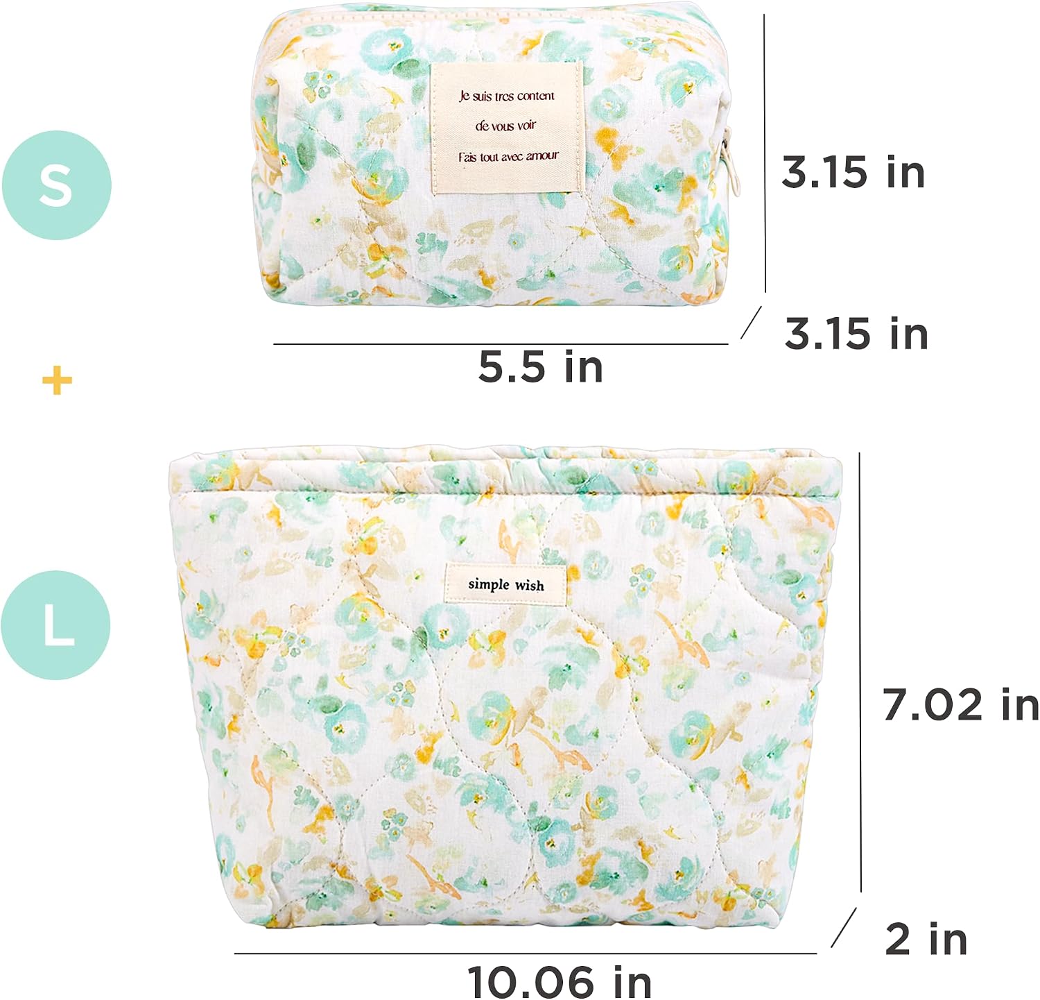 Sminra 2 Piece Floral Makeup Bag Set, Large and Small Quilted Zip Pouches image 2