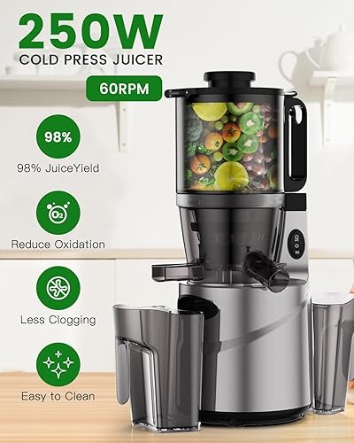 Miniatura 6 de ColdPreeJuicers - Exprimidor lento con conducto de alimentación de 5.5 pulgadas, exprimidor masticador para frutas y verduras enteras, barrena de