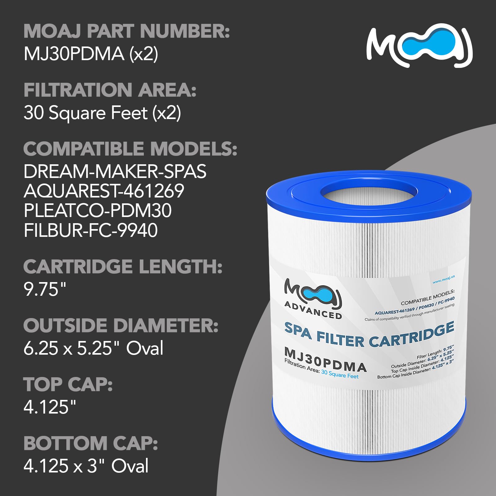 MOAJ Advanced Spa Filter 2-Pack Replaces PDM30, Aquarest Spas 461269, Filbur FC-9940, ClearChoice CCP426, P61269, 461272, Dream Maker Spas | 9.75