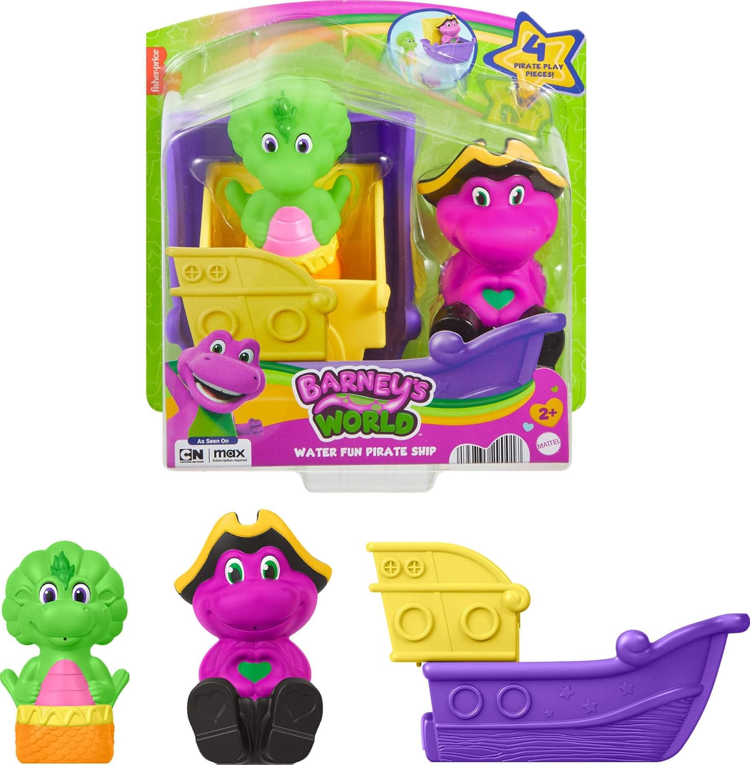 Barney Mattel Fisher-Price World Toddler Toys, Water Fun Pirate Ship, 4-Piece Set for Water Play Baby Bop, Kids Ages 2+ Years