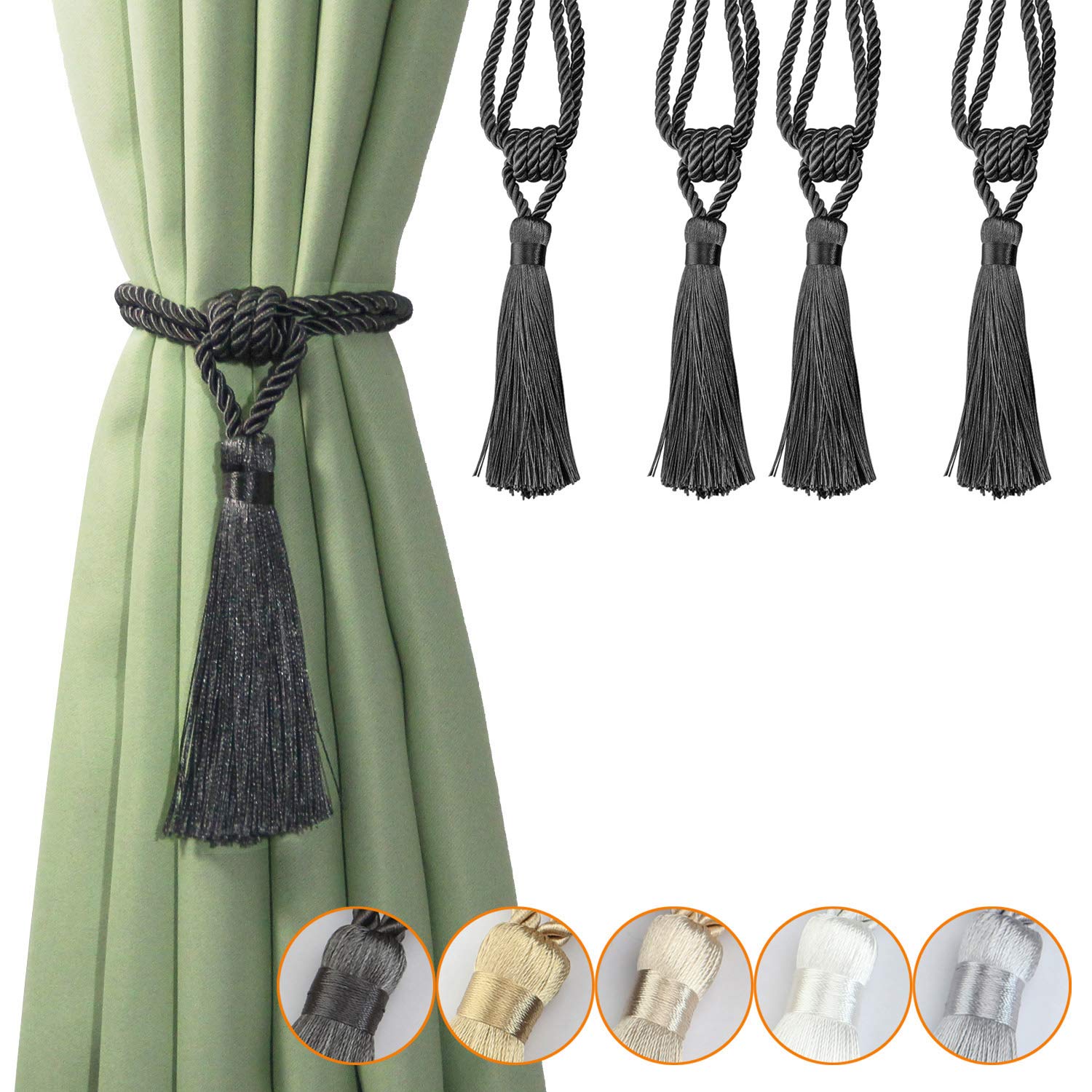 Tassel Curtain Tiebacks， Braided Tassel Curtain Tiebacks, 4 Pack, Multicolor, Home Office Decor(Charcoal)