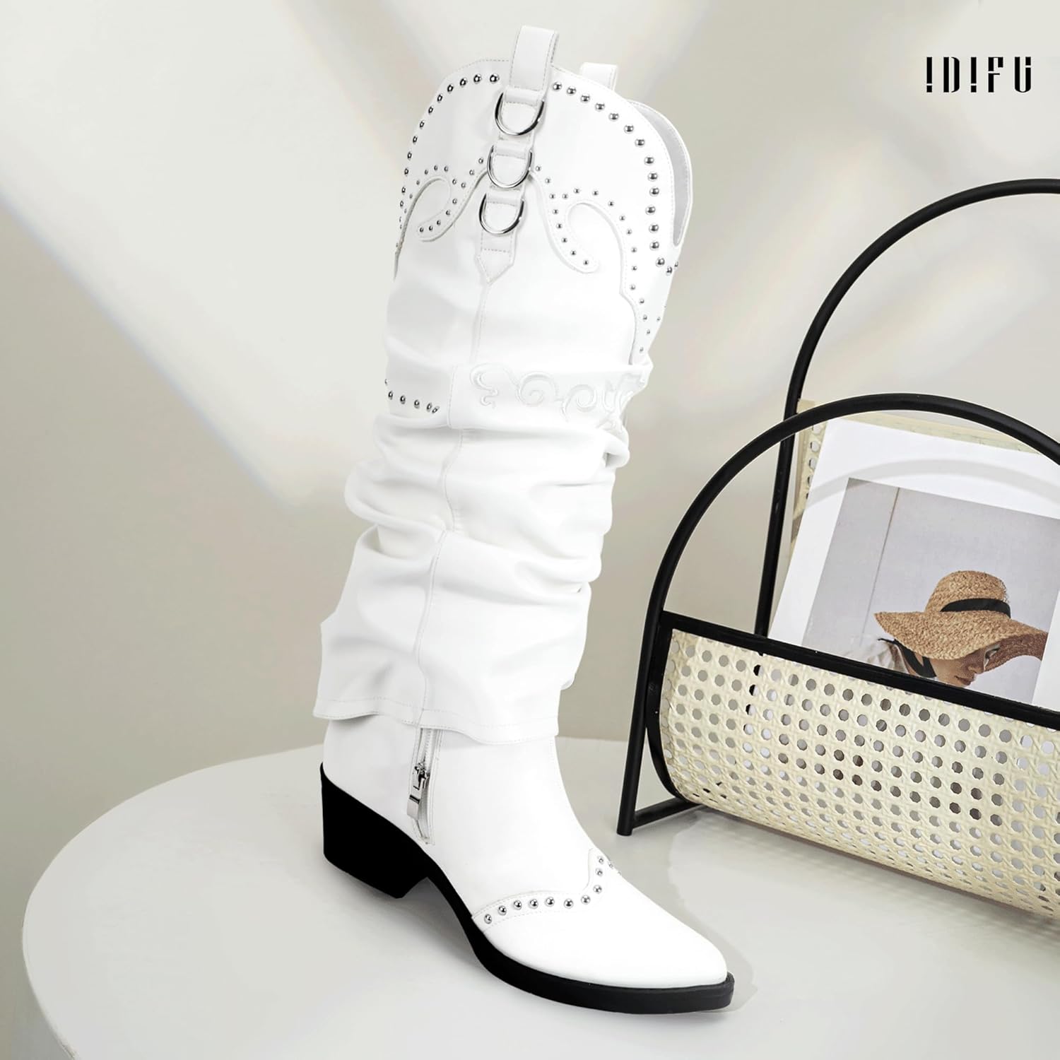 IDIFU IN2 Fold Over Cowboy Boots for Women Cowgirl Knee High Western Embroidered Pointed Toe Slouchy Low Short Block Chunky Heel Zipper Comfort Fashion Cute Trendy Prom Dressy Fall Boots