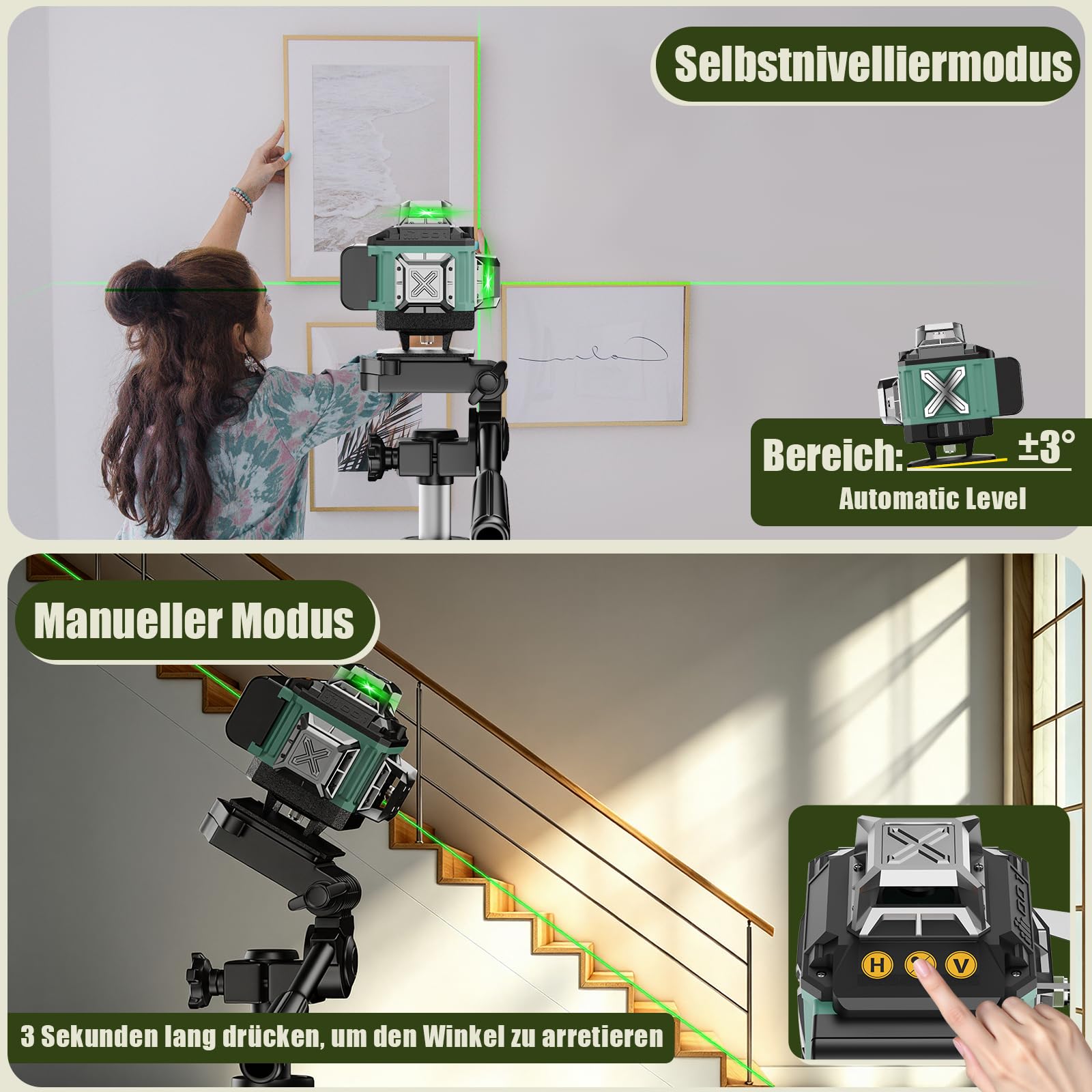 Nivel Laser Autonivelante 360 Grados,4x360° 16 líneas Nivel Laser Verde, 360 Líneas Vertical/Horizontal Conmutables con 2 batería,Soporte Magnético, ajuste de brillo,control remoto,Bolsa Portátil