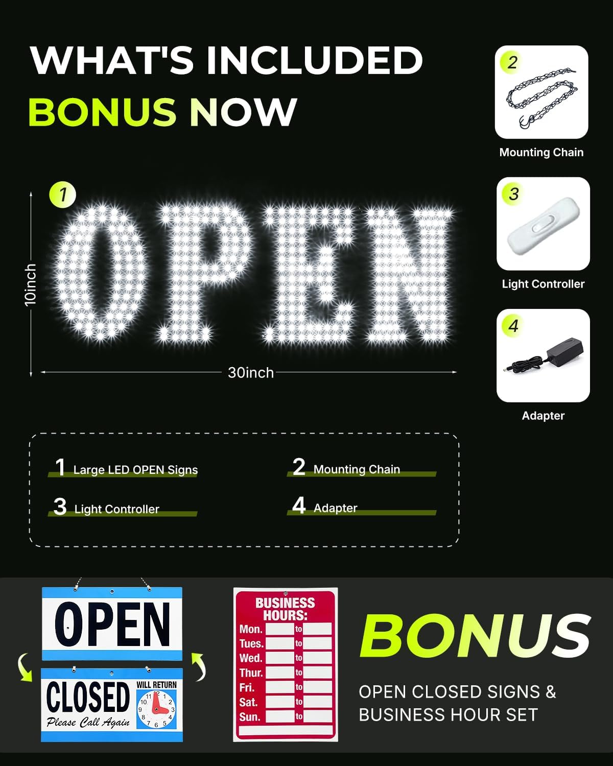 30"x10" Large LED Open Signs for Business Super Bright Unique Design White Open Sign with Hanging Installation for Window Stores Bar Hotel Retail Shops Salon Restaurant Office
