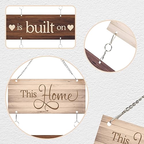 Miniatura 3 de Letrero colgante de madera rústica para decoración de puerta (4 unidades) con texto en inglés "This Home Is Built on Love and Shenanigans" (marrón)