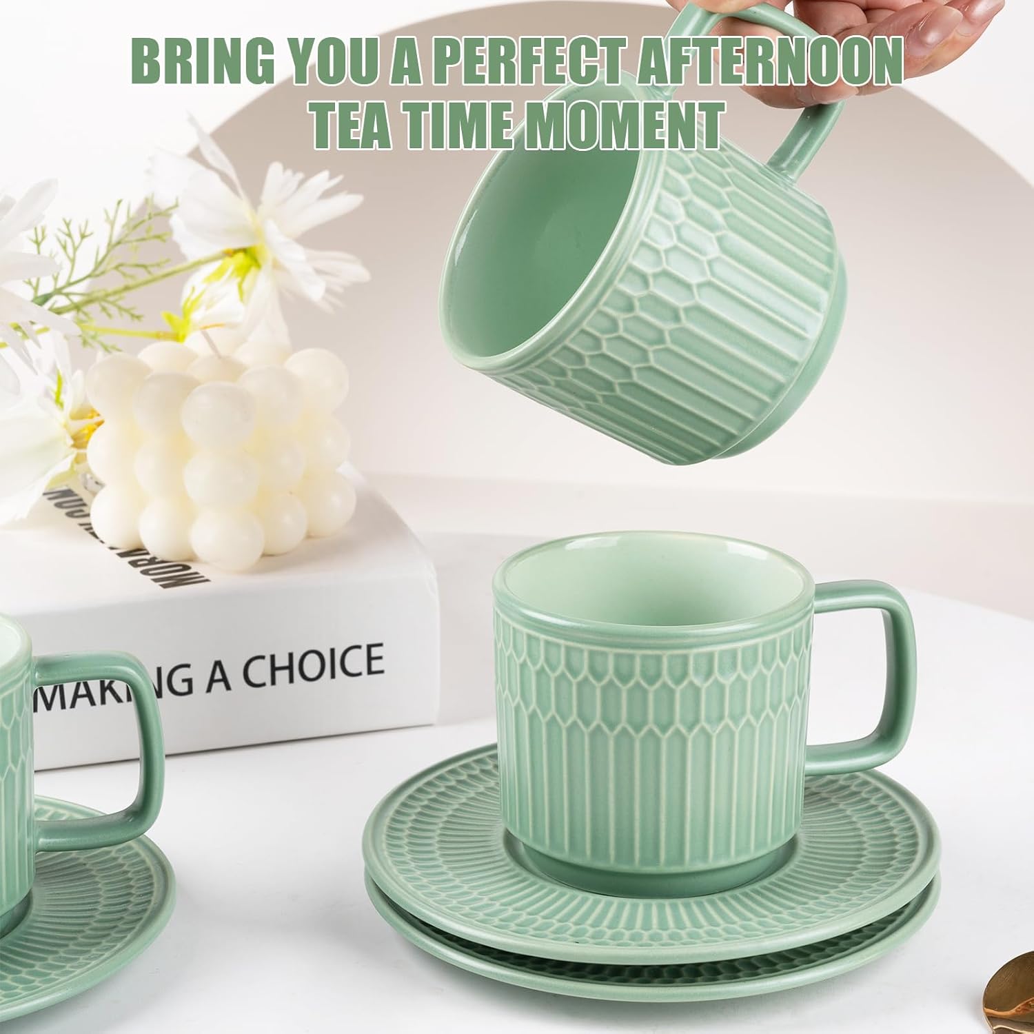 8oz Cappuccino Cups with Saucers Set of 4, 8 Ounce Stackable Embossed Ceramic Coffee Mugs for Specialty Coffee Drinks, Latte Mugs, Cafe Mocha and Tea, Dishwasher & Microwave Safe (Green)