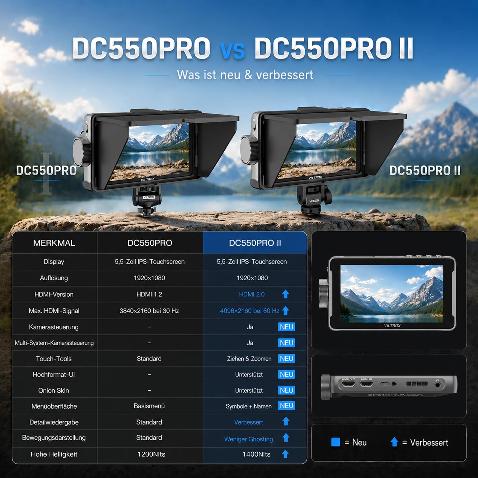 VILTROX DC550 PRO II 5.5" Kamera Feld Monitor DC-550 PRO(2026)für DSLR Touchscreen Kamera Monitore 4K 1400Nits Externer Kamera Monitor für Sony Canon Nikon 3D LUT 1920x1080 IPS Mit Sunshield Batterie