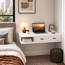 39.4in Wood Floating Desk with Drawers, Warm White