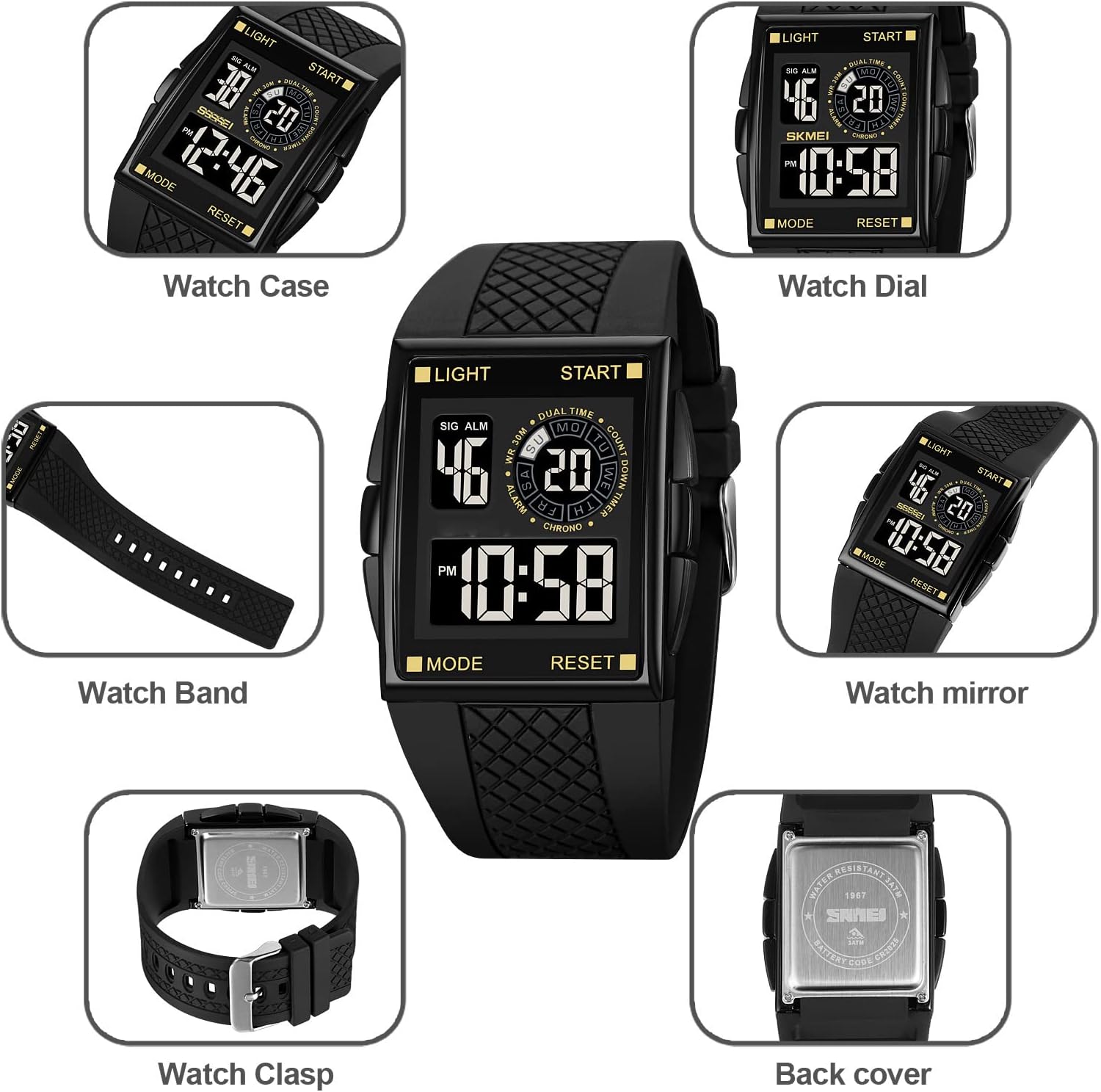 PASOY Unisex Digital Bracelet Watch Backlight Mens Women Square Alarm LED Black Rubber Watchband Sports Outdoor Waterproof Watch