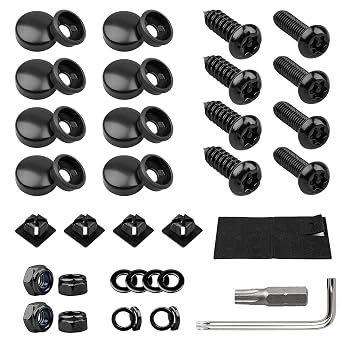 License Plate Screws Kits, Black Anti Theft Mounting Hardware for Car Tag Plate Frames Covers, M6 1/4" Tamper Proof Screws, Fastener Nut, Caps Cover for Front Rear Frame Holder Mounting