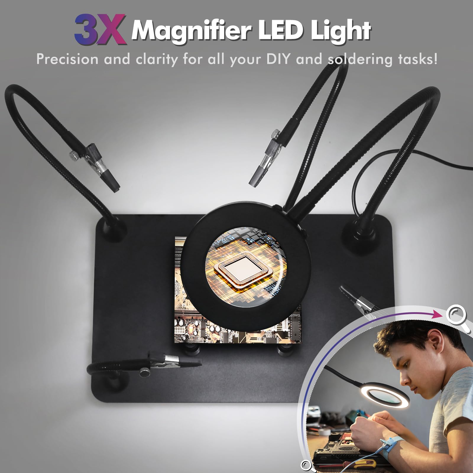 Ayuda a soldar herramientas de tercera mano – 4 brazos de metal con lupa LED ajustable de 3 posiciones,soporte para placa de circuito impreso de para la reparación electrónica de soldadura
