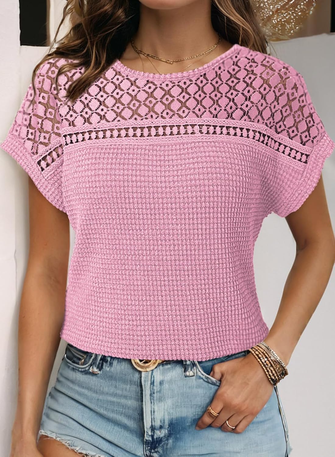 Dokotoo Women's Tops Casual Scoop Neck Short Sleeve Waffle Knit Hollow Out Shirts Loose Tunic Tops Blouses - Image 3