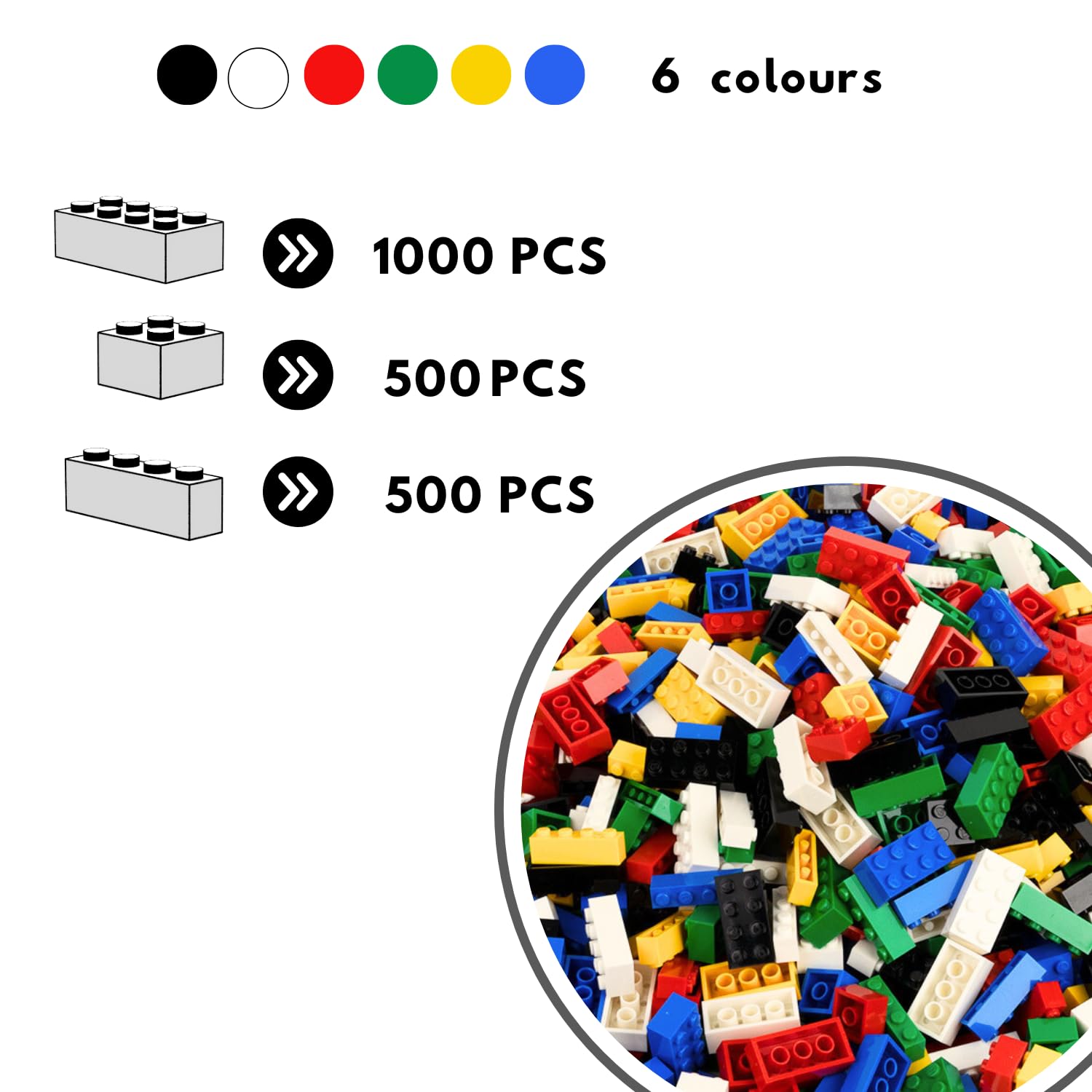 Set di mattoncini classici grandi | 2000 pezzi | 3 stampi in pietra (1 x 4, 2 x 2, 2 x 4) in 6 colori | giocattolo da costruzione 100% compatibile | regalo per bambini, ragazzi e ragazze dai 4 anni in