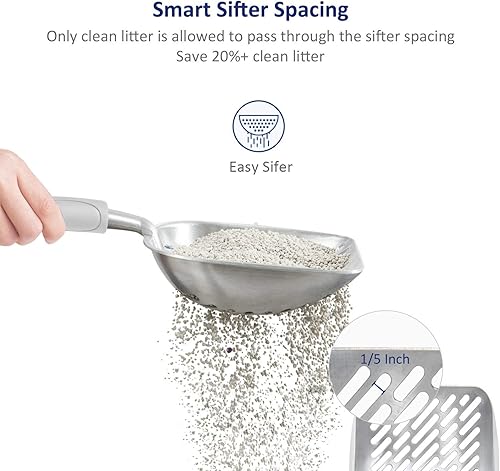 Miniatura 3 de WePet Cuchara de arena para gatos, tamiz de aleación de aluminio, pala de metal para gatitos, pala profunda con orificio diagonal, mango largo,