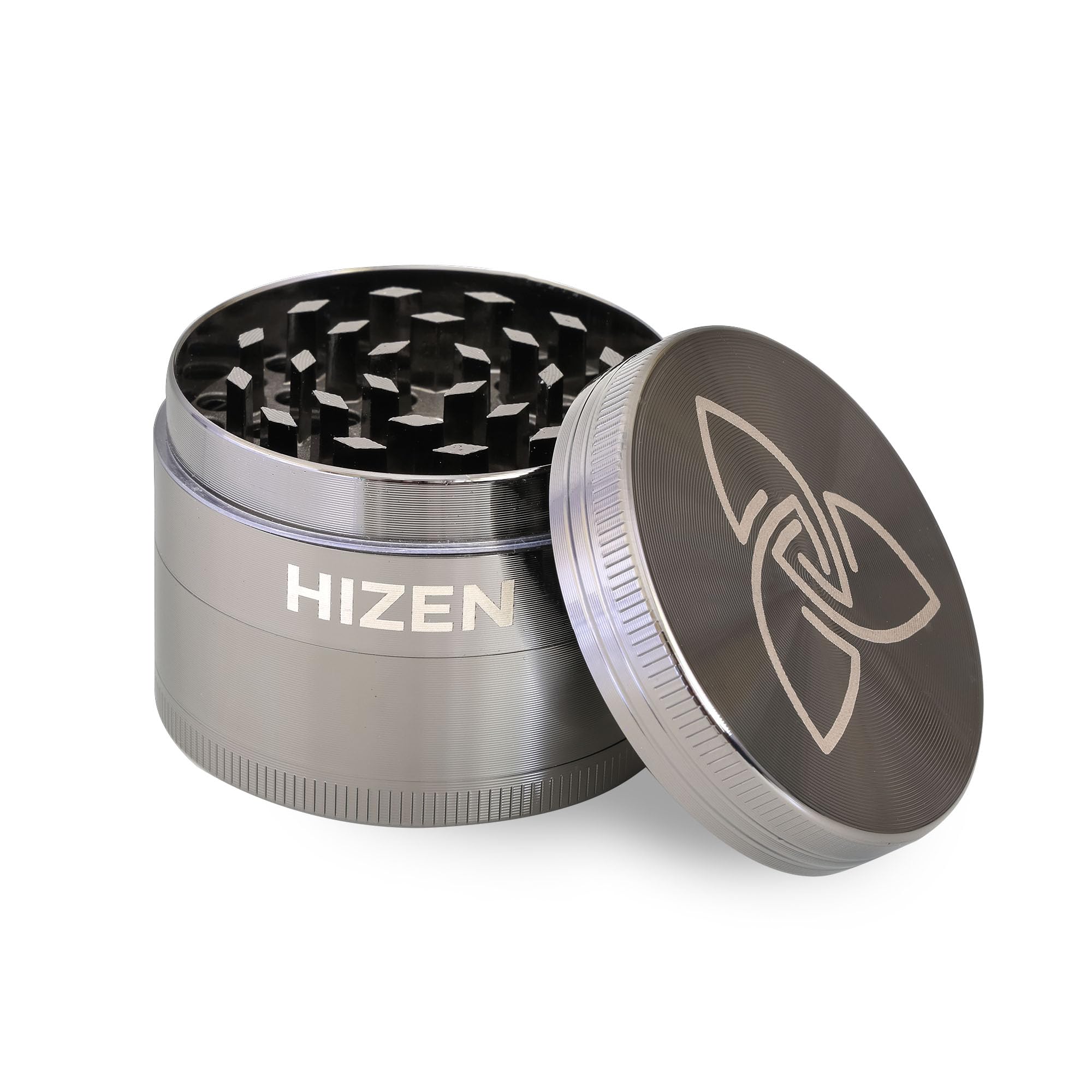 HIZEN Basic Grinder Ø 49mm, 4-teilige Kräutermühle, Crusher Set für getrocknete Kräuter, Pollen, Blüten, Gewürze mit Pollenfach und Schaber (Gunmetal)