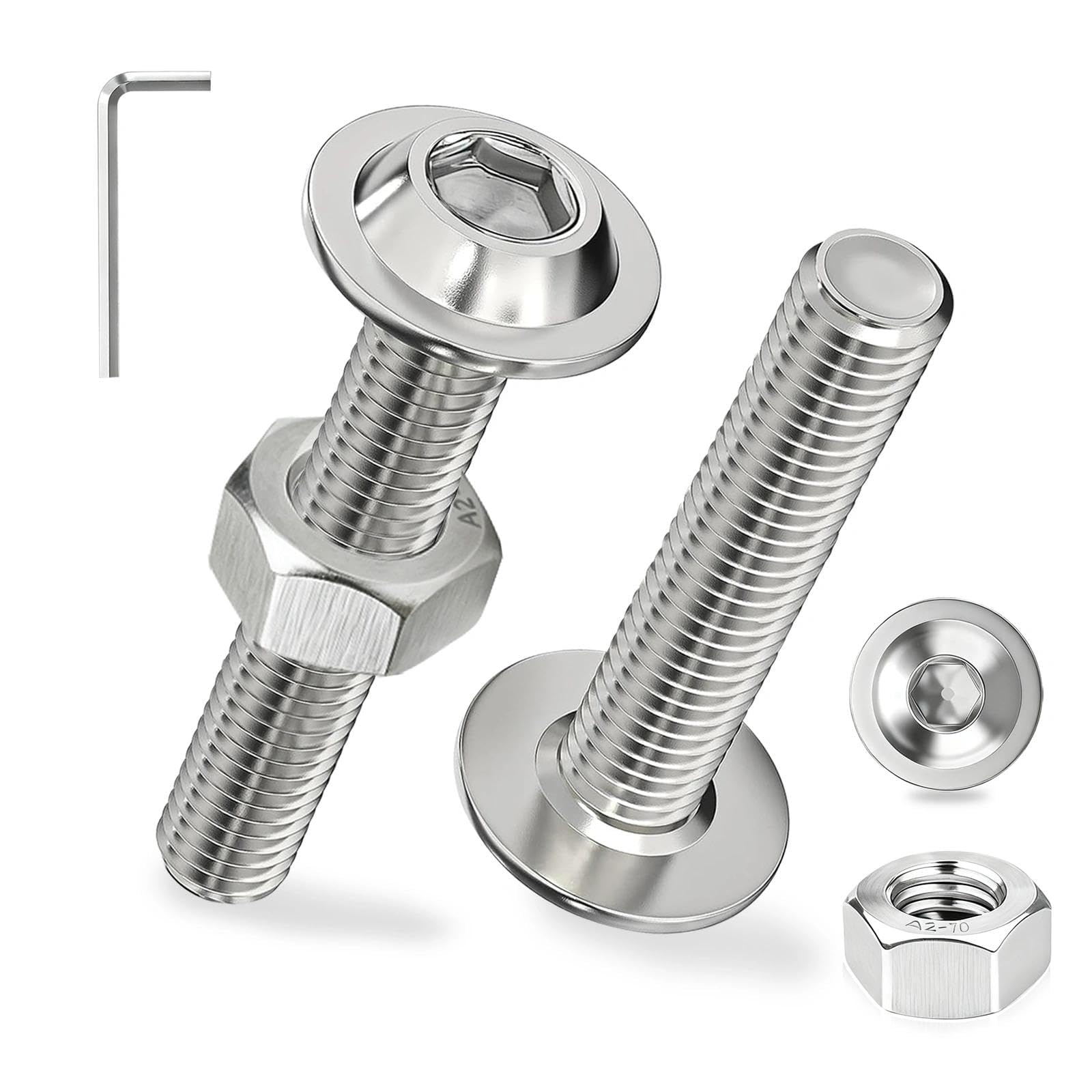 Ezitruz 30 Sets Bolt M6x50 mm Flanged Button Head Socket Cap Screws 304 Stainless Steel Nuts and Bolts ISO 7380-2 Pan Head Allen Screw with Nuts and Flange Full Thread for Wood Furniture Assembly