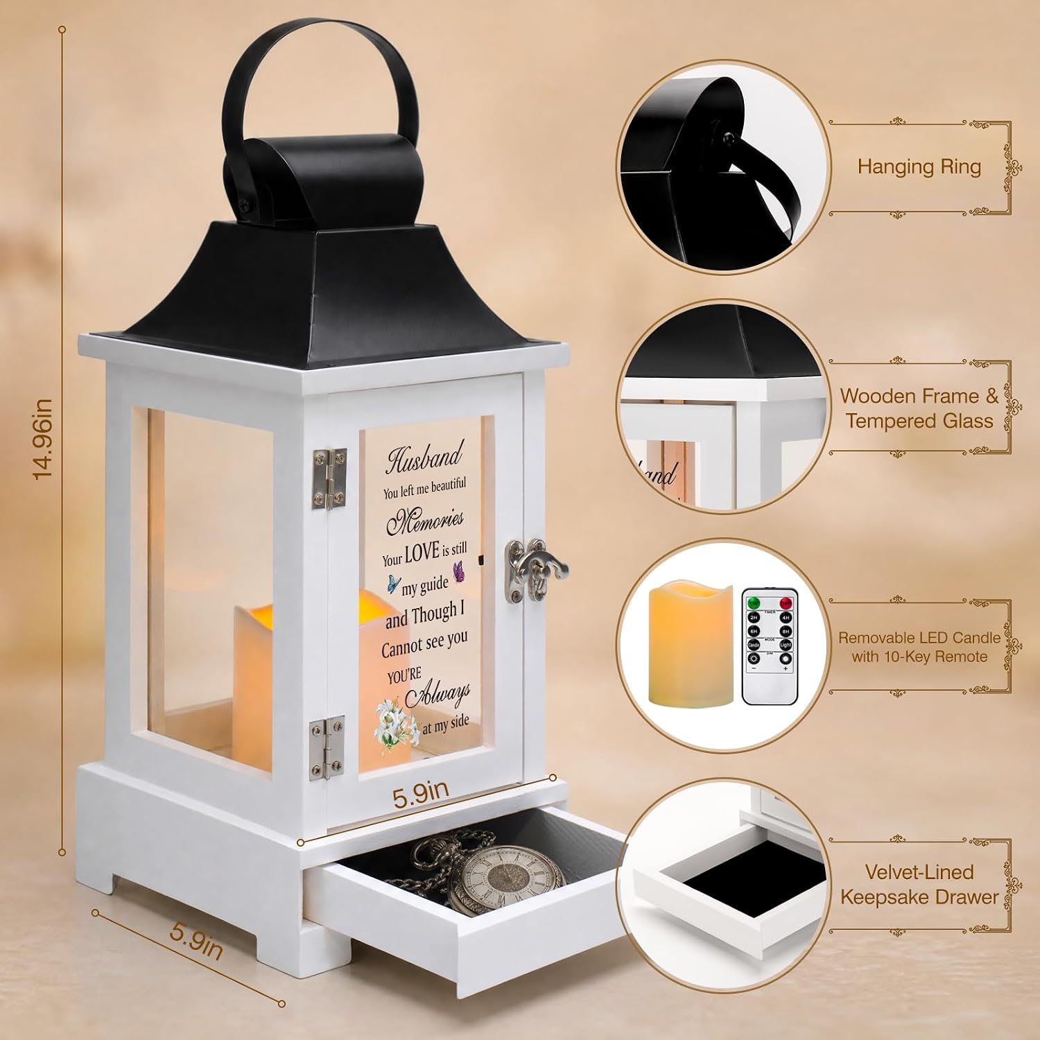 Memorial Lantern with Keepsake Drawer,Sympathy Gift for Loss of Loved One, Wooden Remembrance Lantern with Remote Flickering LED Candle & Condolence Card, Memorial Gifts for Loss of Husband,Black