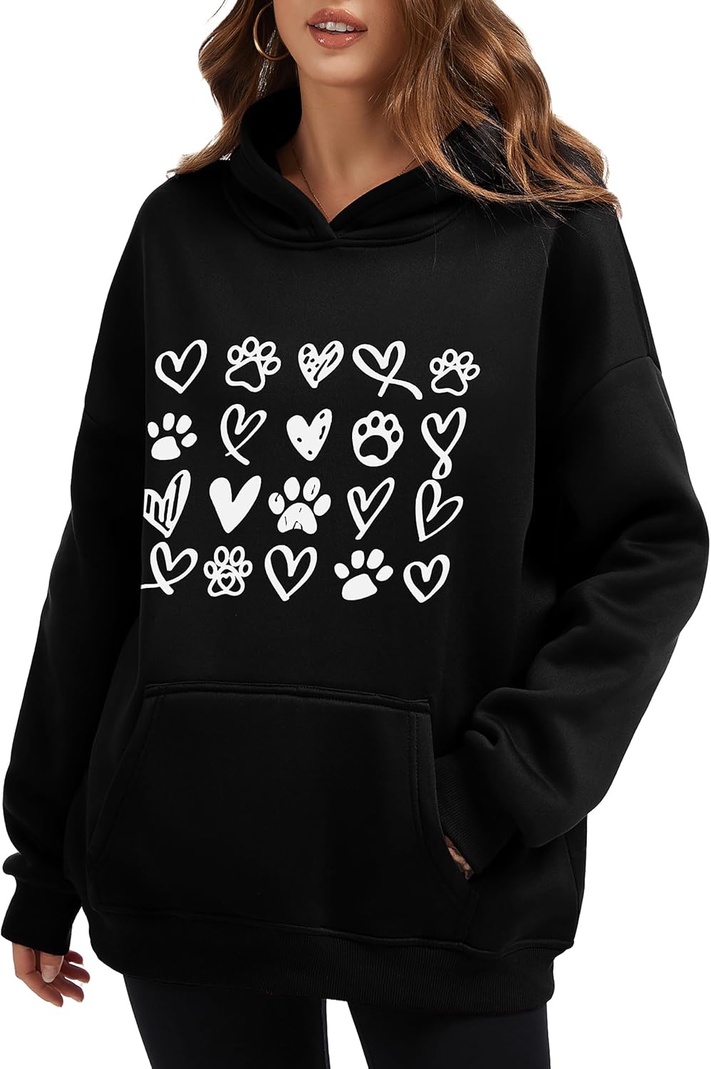 Dog Paw Print Hoodies Womens Oversized Graphic Sweatshirts Love Heart Long Sleeve Tops with Pocket