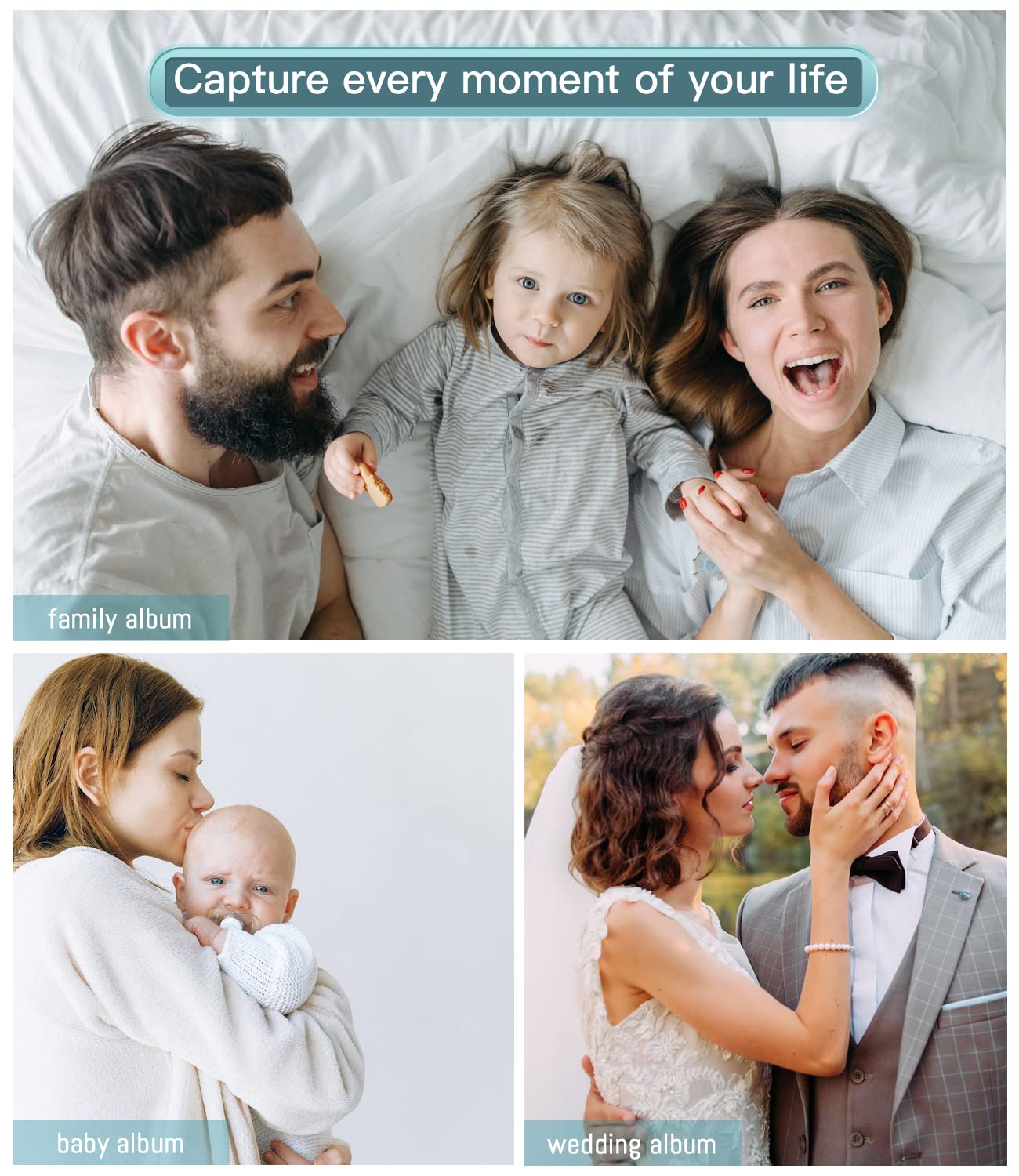 Popotop Álbum de fotos autoadhesivo con ventana de visualización de imágenes, 60 páginas, álbum de recortes para fotos de 4 x 6, 8 x 10 pulgadas, libro de recuerdos con cubierta de lino para boda de