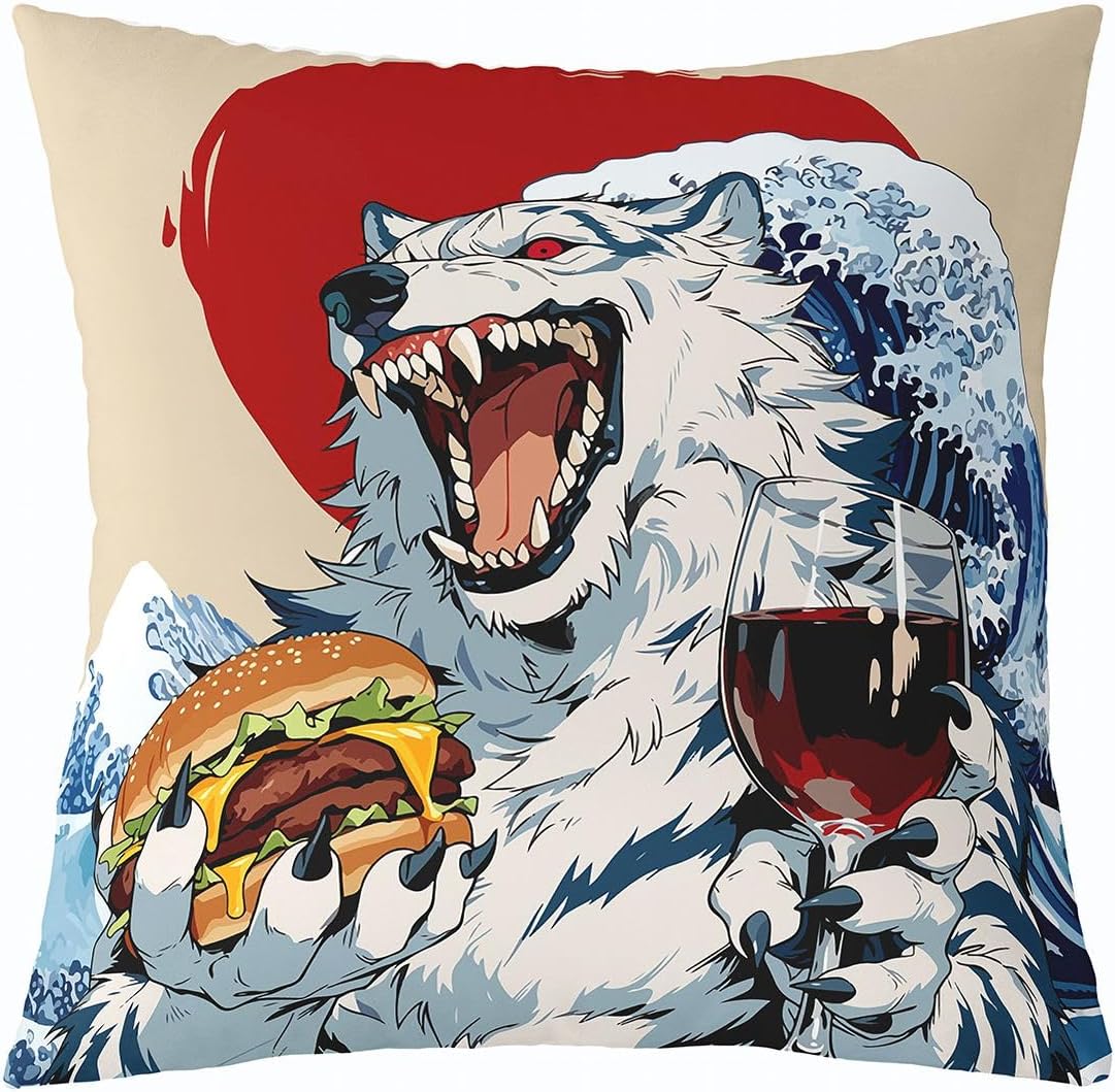 Japanese Wolf Throw Pillow Covers (Pack of 1),Japanese Sunset Waves Cushion Cover for Kids Boys Teens Hamburgers and Drinks Food Pillow Cases Funny Anime Animals Living Room Sofa Bed Decor ,16"Lx16"W