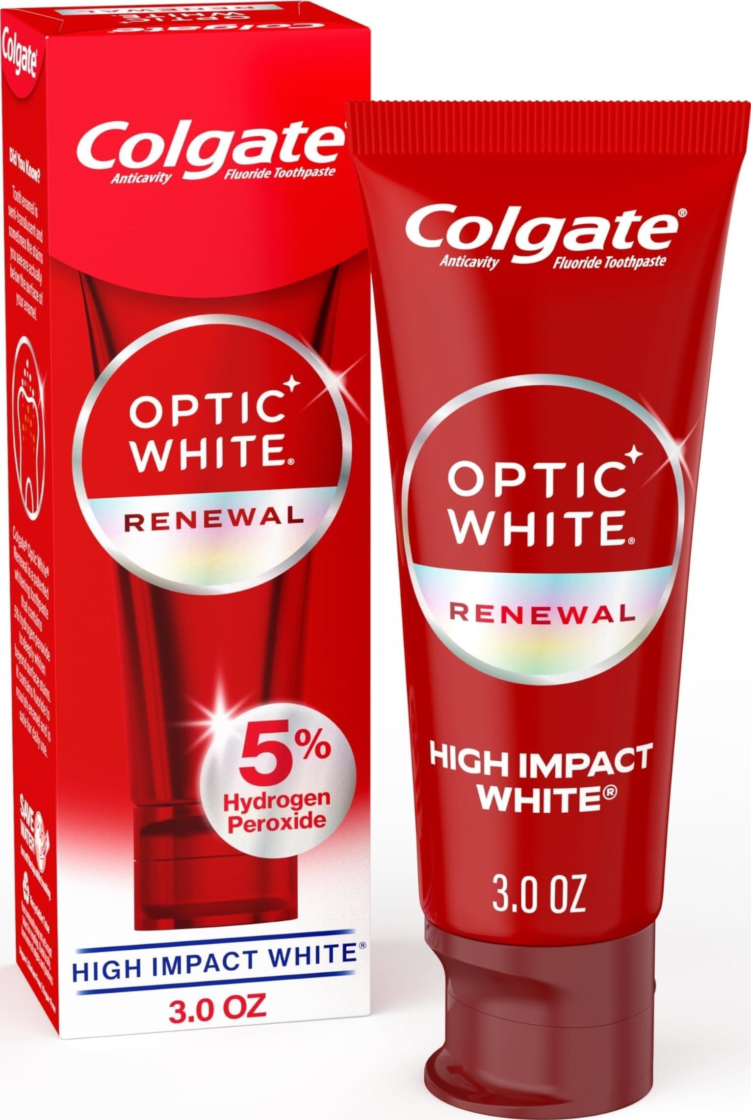 Optic White Renewal Teeth Whitening Toothpaste, Whitening Fluoride Toothpaste, Effectively Removes Tea, Coffee, and Wine Stains, Made with Hydrogen Peroxide, High Impact White, 3.0 oz