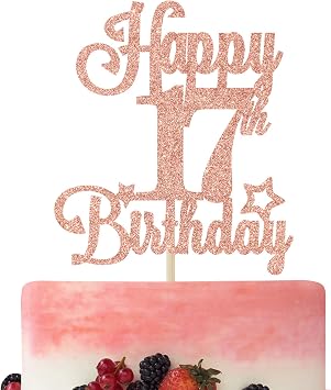 Happy 17th Birthday Cake Topper, Cheers to 17 Years, Hello 17, 17th Birthday Anniversary Party Decorations Rose Gold Glitter