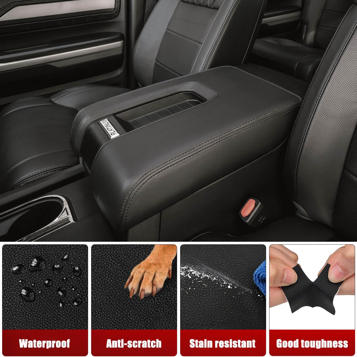 Car Center Console Cover Replacement for Toyota Tundra 2014 2015 2016 2017 2018 2019 2020 2021, Vinyl Leather Armrest Uhpholstery, Anti-Scratch, Black (Leather Part Only)