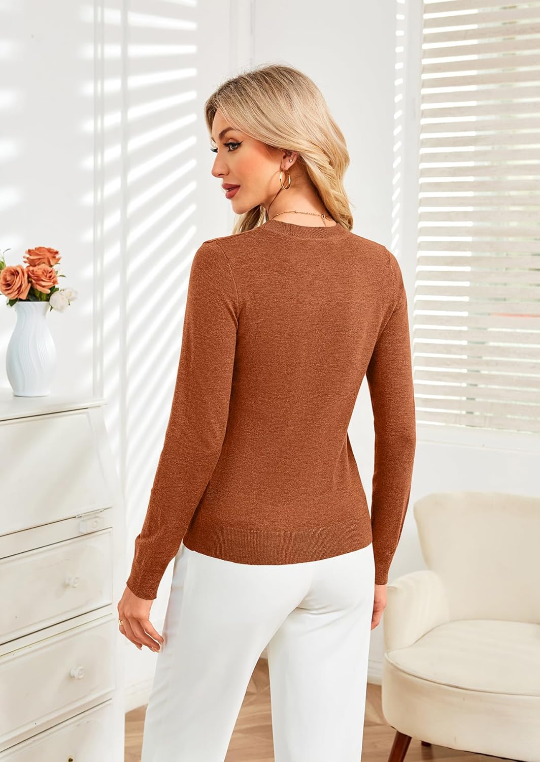 SimpleFun Womens Fall Sweaters Wool Blend Lightweight Long Sleeve Basic Crew Neck Pullover Sweater Tops Dressy Casual - Image 5