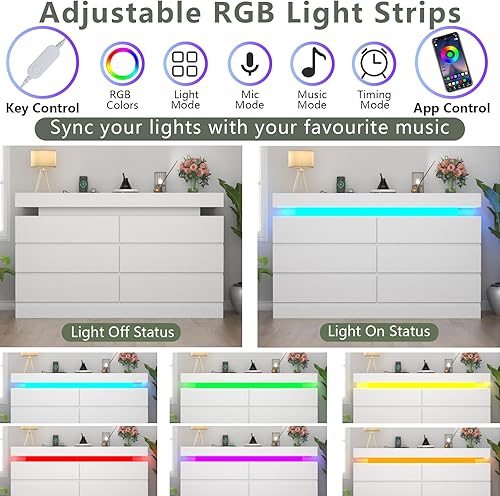 Miniatura 4 de Cómoda de 6 cajones con toma de corriente, Cómoda con luz LED, Cajonera moderna para armario, Organizador de cajones doble ancho para dormitorio,