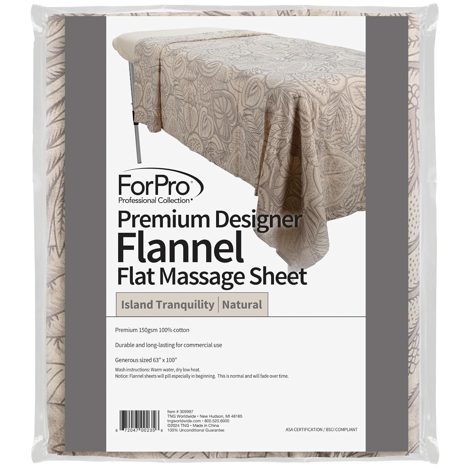 ForPro Premium Designer Flannel Flat Sheet for Massage Tables, Island Tranquility, Ultra-Light, Stain and Wrinkle-Resistant, 63" W x 100" L, Natural Natural Island Tranquility