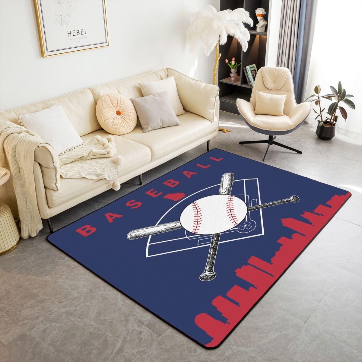 Homewish Chłopięcy dywan baseballowy 100 x 150 cm do sypialni salonu - gry w piłkę chłopcy nowoczesny dywan podłogowy gra sportowa duże dywany sylwetka miasta niegubi dywan granatowy
