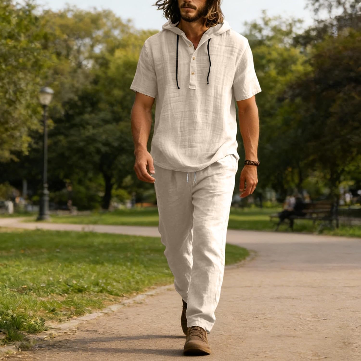 Mens 2 Piece Linen Set Summer Beach Short Sleeve Button Down Hooded Shirt Long Pant Vacation Casual Outfit