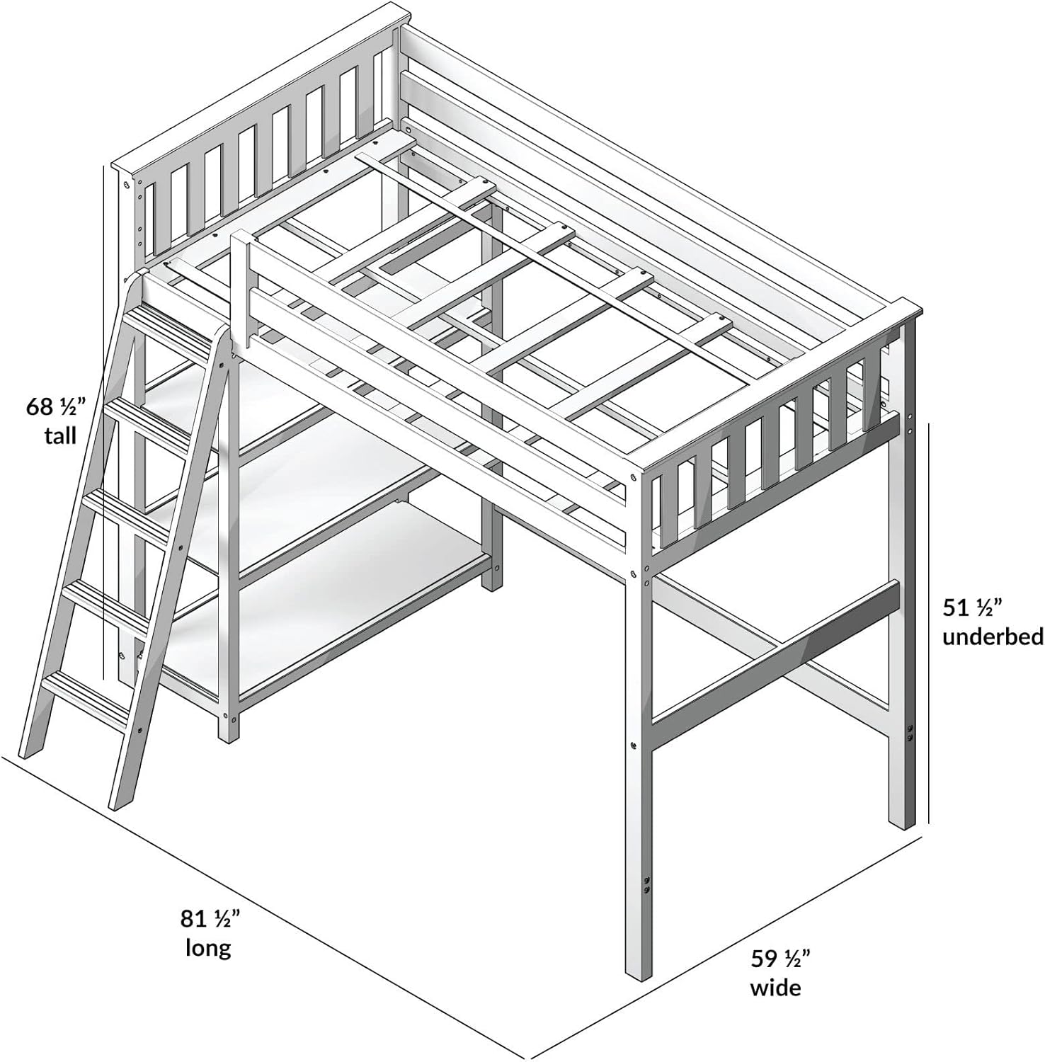 Max & Lily High Loft Bed, Twin Bed Frame For Kids With Bookcase, White