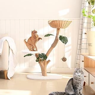 Wood Cat Tree with Leaves Modern Cat Tree for Indoor Cats Medium Cat Tower for Large Cat Unique Natural Wooden Cat Tree for Kittens Plant Cat Tree with Basket Heavy Duty Boho Cat Tree for Adult Cats