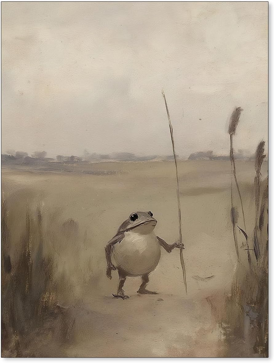 YYS Funny Whimsical Frog Traveler Wall Art Weird Cute Animal Poster Vintage Nature Moody Canvas Prints for Rustic Cottagecore Room Wall Decor 12X16 inch Unframed