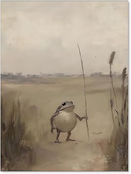 YYS Funny Whimsical Frog Traveler Wall Art Weird Cute Animal Poster Vintage Nature Moody Canvas Prints for Rustic Cottagecore Room Wall Decor 12X16 inch Unframed
