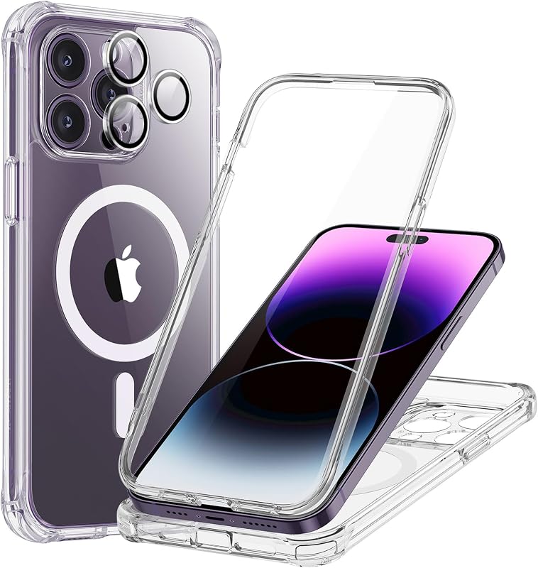 ESR para iPhone 15 Pro Max Funda con protector de pantalla, transparente | Compatible con MagSafe, con protector de lente de cámara, protección contra caídas de grado militar, resistente a arañazos, funda magnética para teléfono