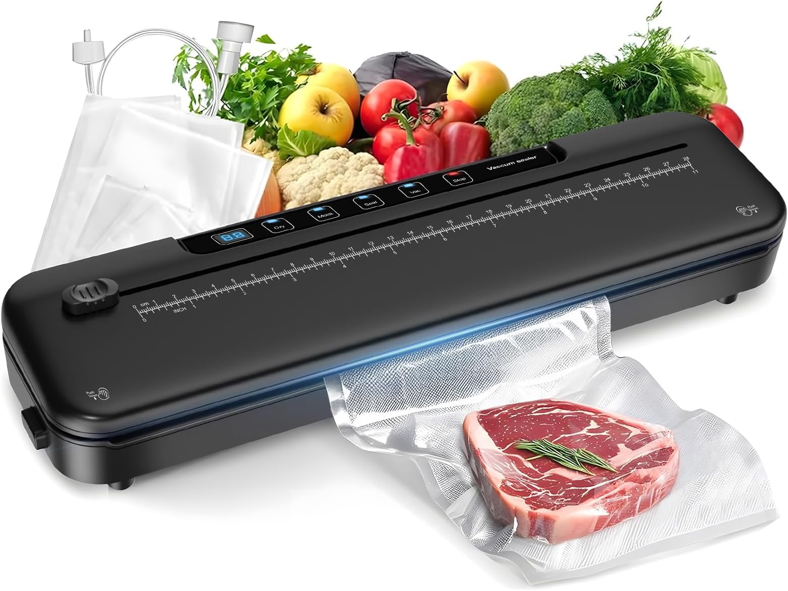 75kpa Vacuum Sealer Machine - 6-in-1 Compact Food Sealer with Digital Countdown Timer, External Sliding Blade for Freshness Storage, Black
