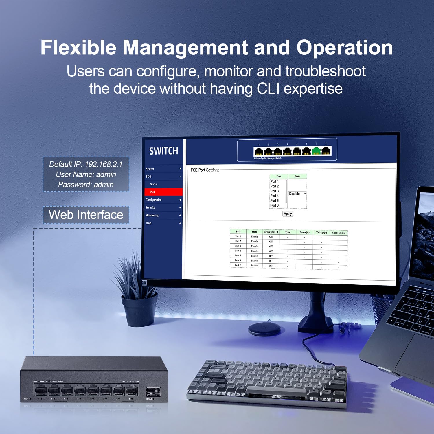 YuLinca 8 ports 2,5 G Easy Web Managed Switch, 1 fente SFP+ 10G, LACP/QOS/VLAN/IGMP, mini commutateur métallique sans ventilateur 2,5 Gb