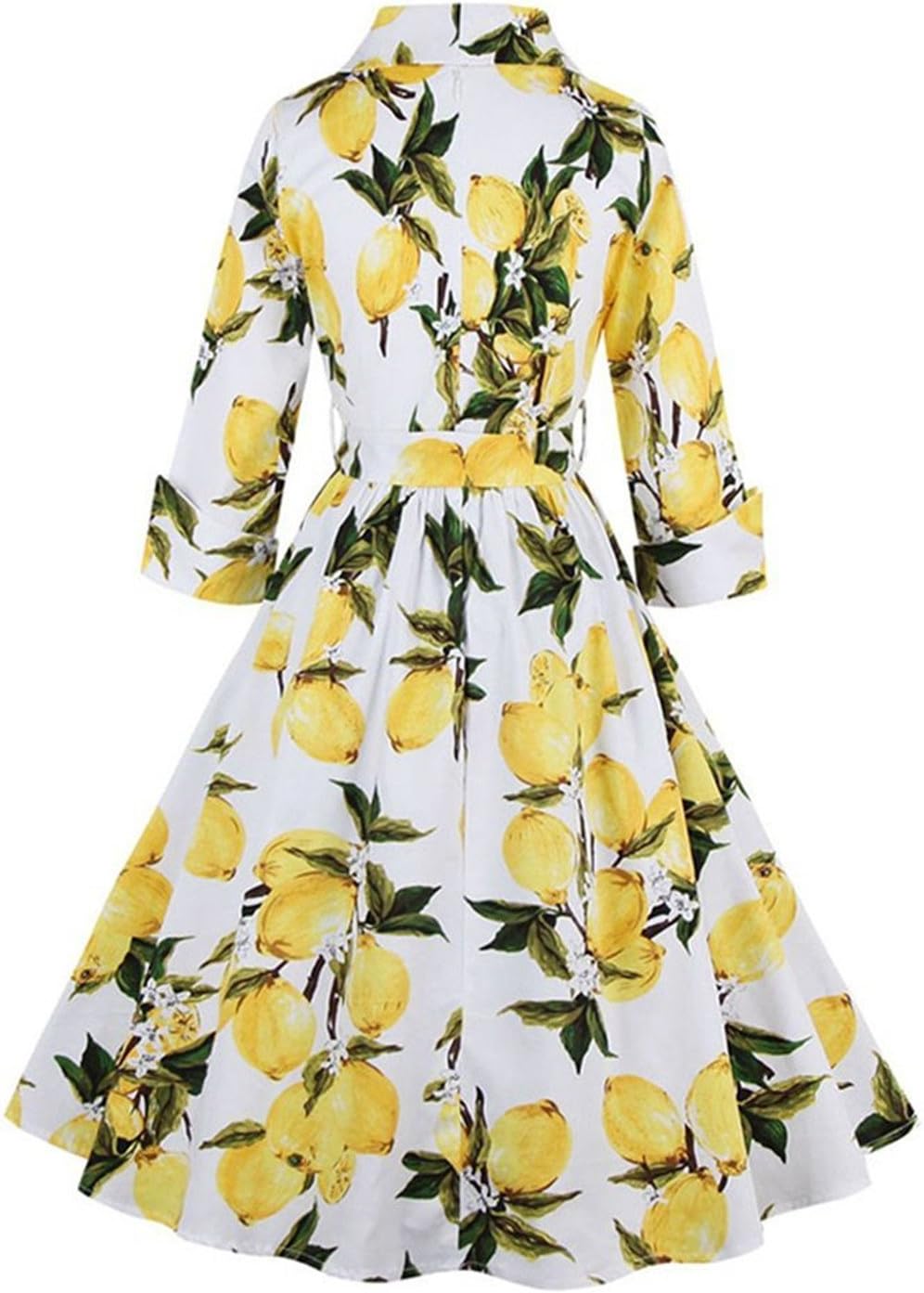 YUMiiiooo Graceful Vintage 1950's Flora Lemon Print Party Cocktail Dress with 3/4 Sleeve WhiteLarge